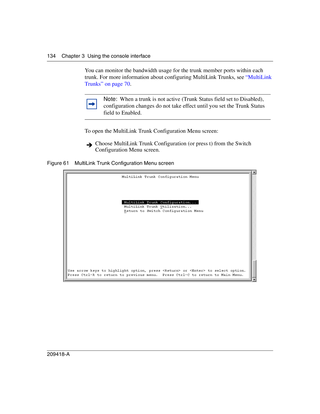 Nortel Networks 1000BASE-LX, 1000BASE-SX, 1000ASE-XD, 1000BASE-ZX manual MultiLink Trunk Configuration Menu screen 209418-A 