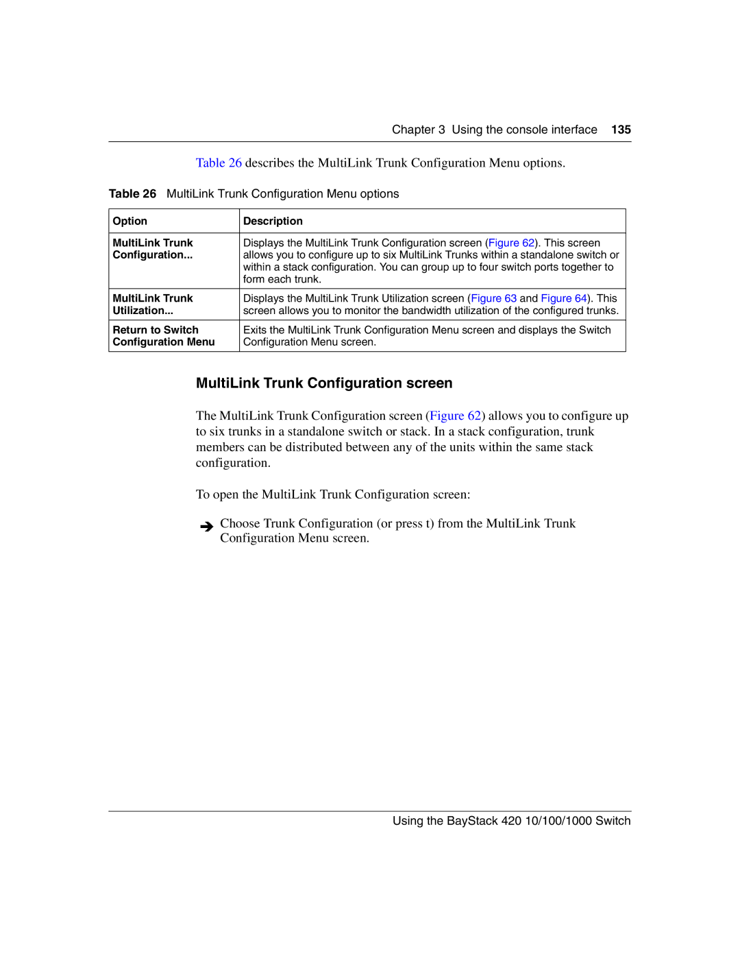 Nortel Networks 1000BASE-ZX MultiLink Trunk Configuration screen, Describes the MultiLink Trunk Configuration Menu options 