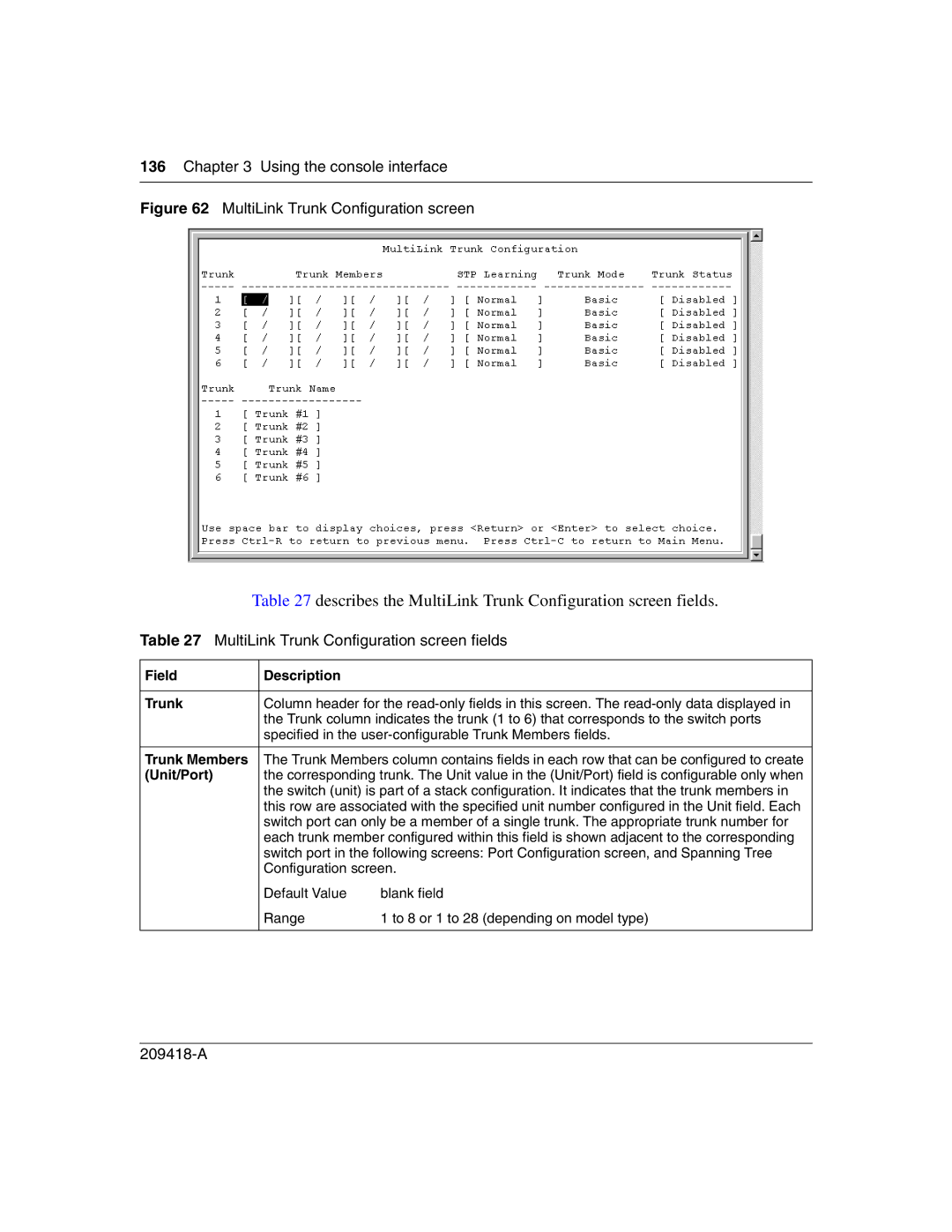 Nortel Networks 1000BASE-SX Describes the MultiLink Trunk Configuration screen fields, Field Description Trunk, Unit/Port 