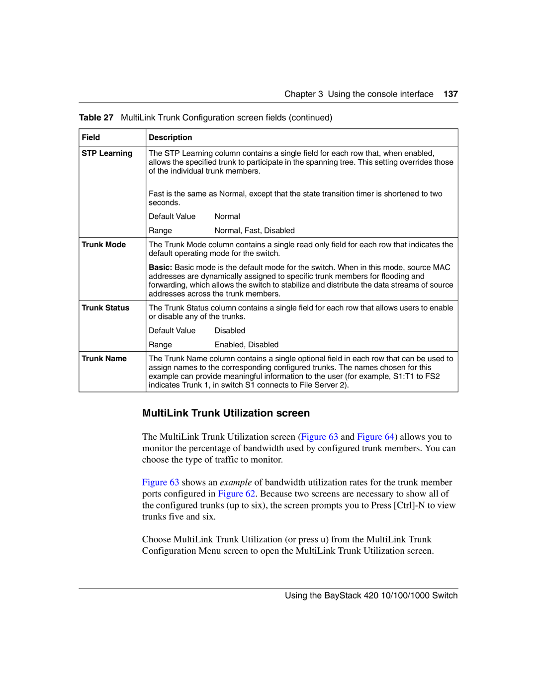 Nortel Networks 1000ASE-XD MultiLink Trunk Utilization screen, Field Description STP Learning, Trunk Mode, Trunk Status 