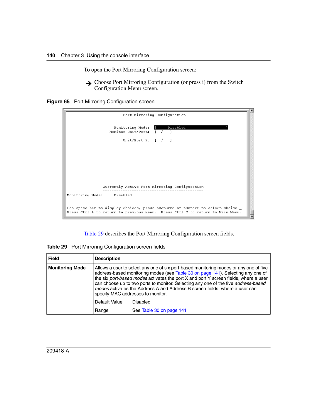 Nortel Networks 1000BASE-SX Describes the Port Mirroring Configuration screen fields, Field Description Monitoring Mode 