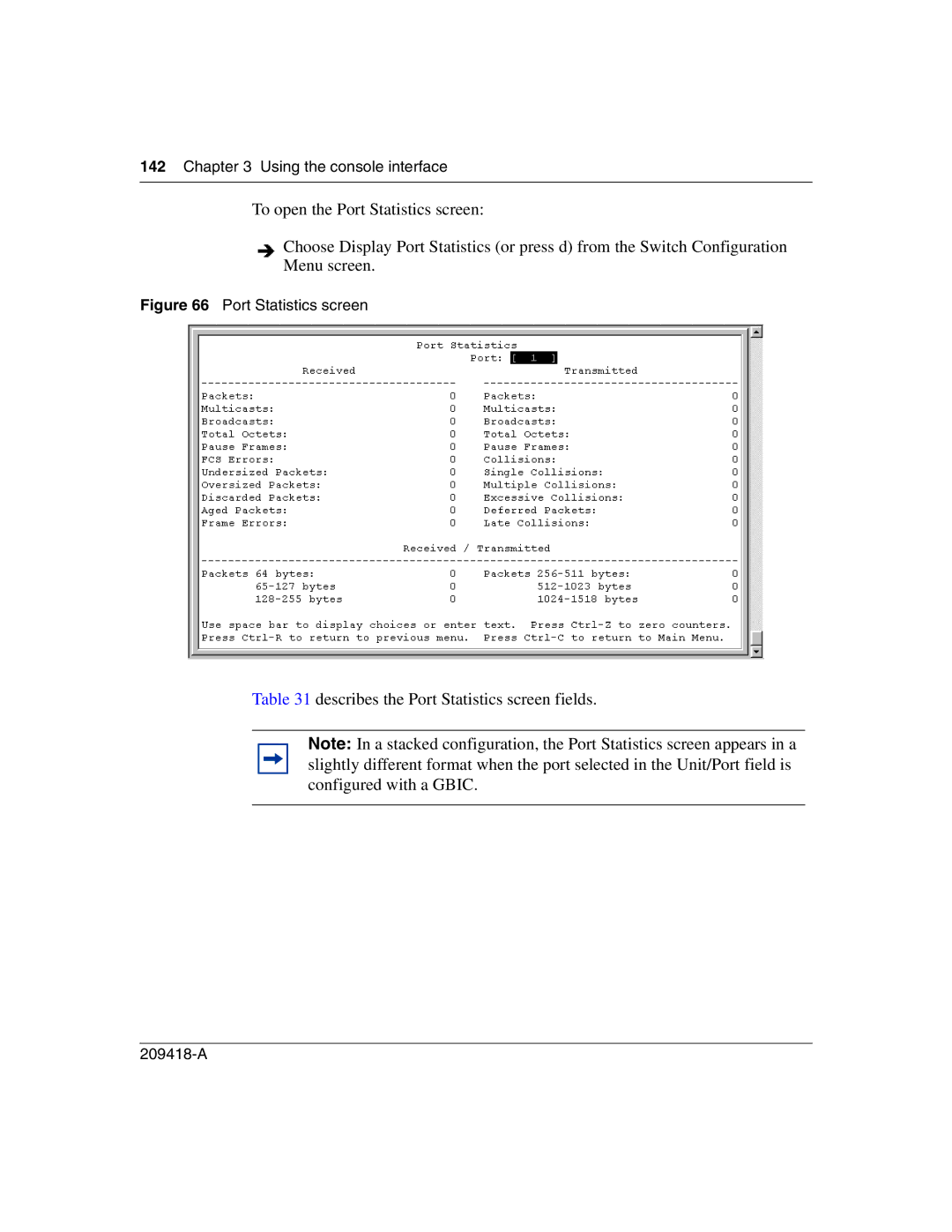 Nortel Networks 1000BASE-LX, 1000BASE-SX, 1000ASE-XD, 1000BASE-ZX manual Describes the Port Statistics screen fields 