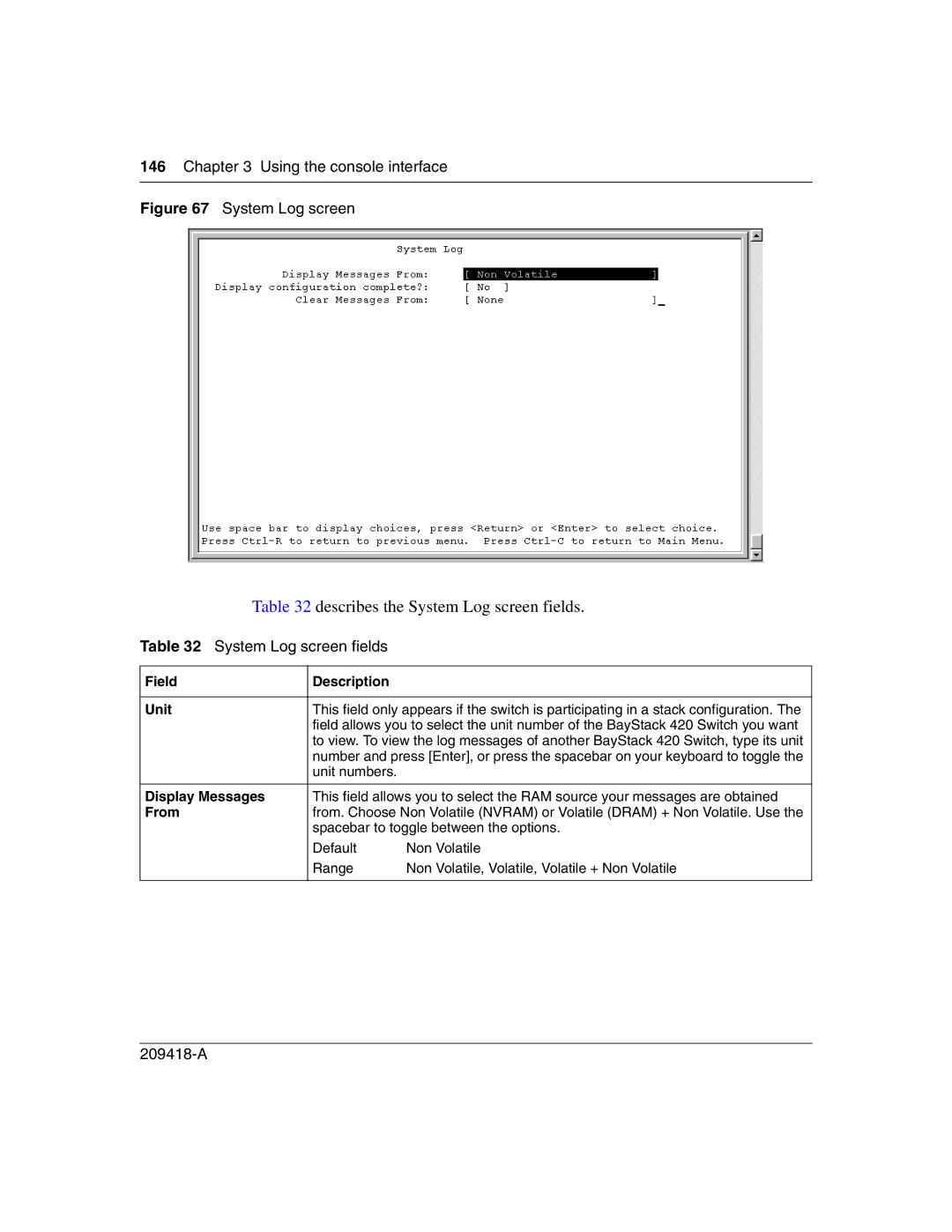 Nortel Networks 1000BASE-LX, 1000BASE-SX, 1000ASE-XD manual Describes the System Log screen fields, Display Messages, From 