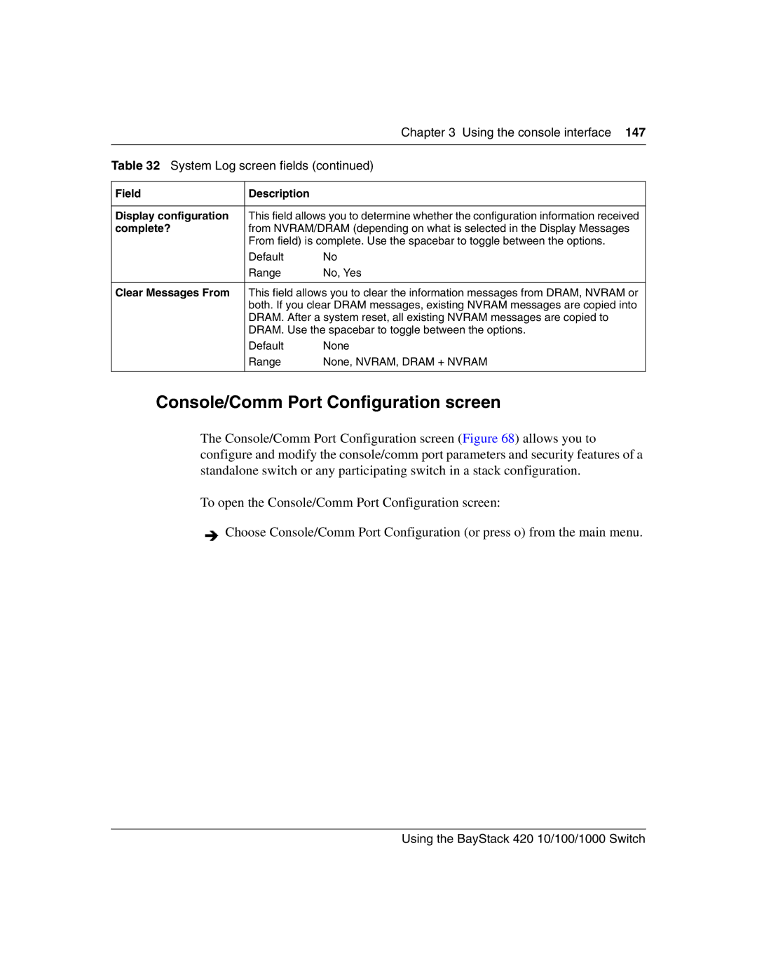 Nortel Networks 1000BASE-ZX Console/Comm Port Configuration screen, Field Description Display configuration, Complete? 