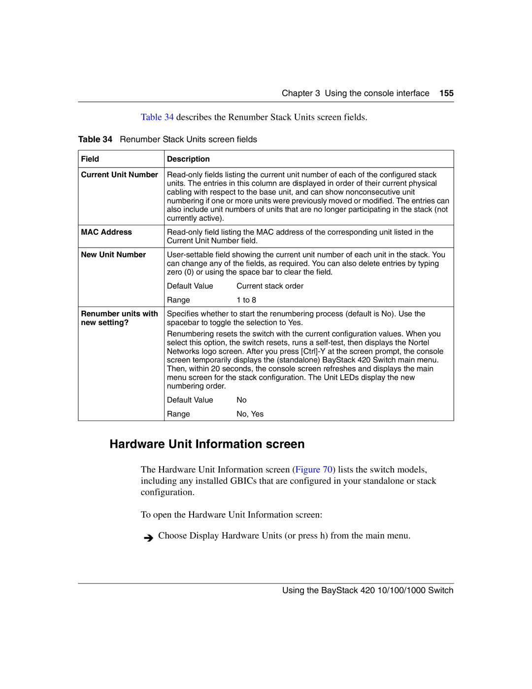 Nortel Networks 1000BASE-ZX, 1000ASE-XD Hardware Unit Information screen, Describes the Renumber Stack Units screen fields 