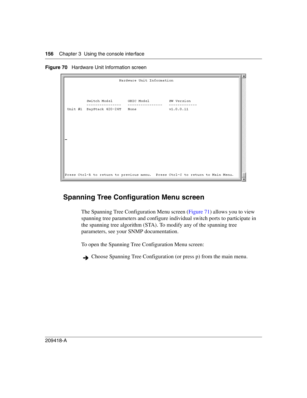 Nortel Networks 1000BASE-SX, 1000ASE-XD manual Spanning Tree Configuration Menu screen, Hardware Unit Information screen 