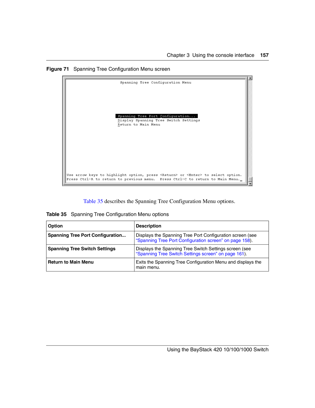 Nortel Networks 1000ASE-XD manual Describes the Spanning Tree Configuration Menu options, Spanning Tree Switch Settings 