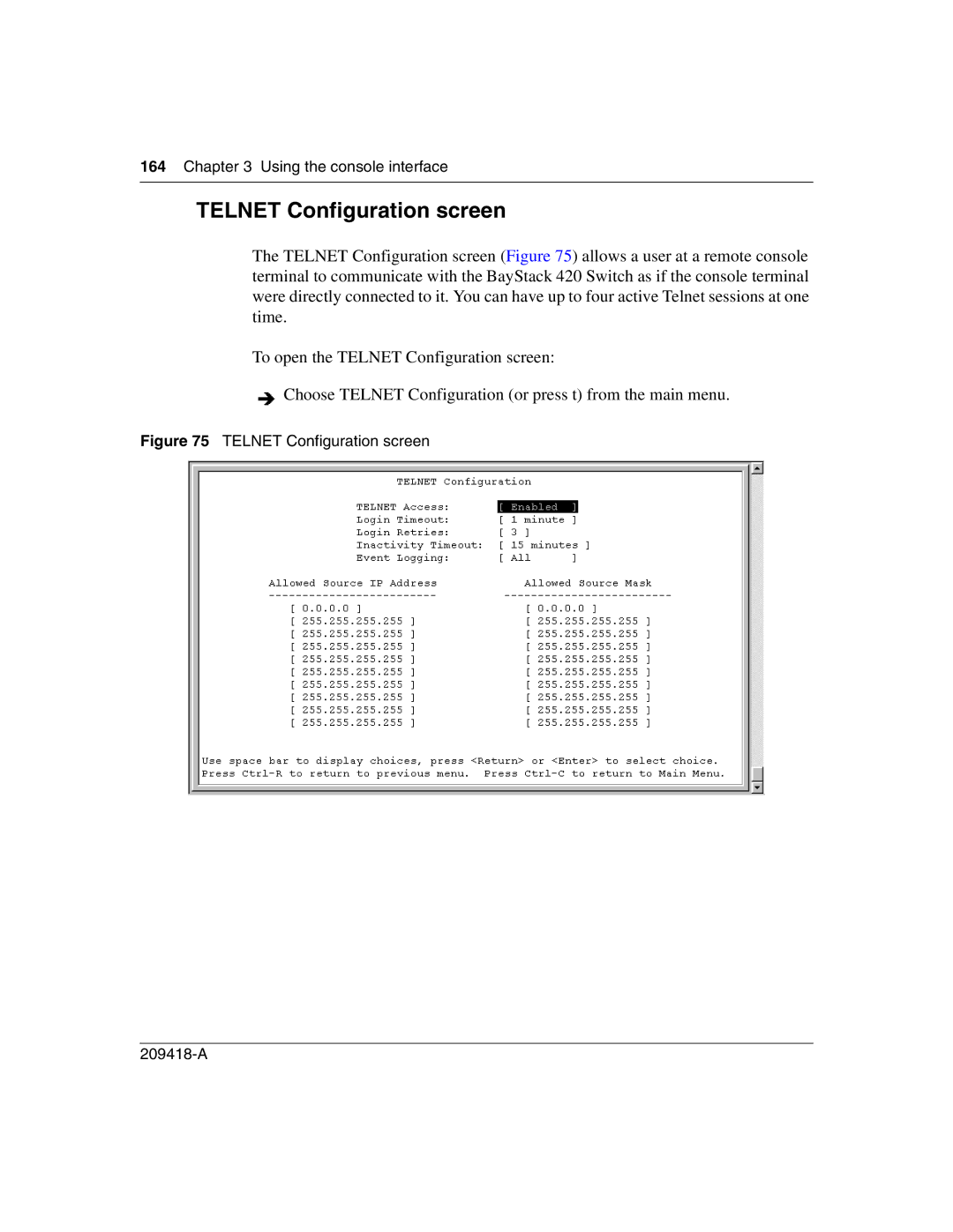 Nortel Networks 1000BASE-SX, 1000ASE-XD, 1000BASE-LX, 1000BASE-ZX manual Telnet Configuration screen 209418-A 