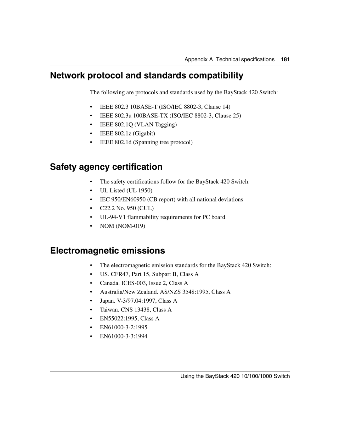 Nortel Networks 1000ASE-XD, 1000BASE-SX manual Network protocol and standards compatibility, Safety agency certification 