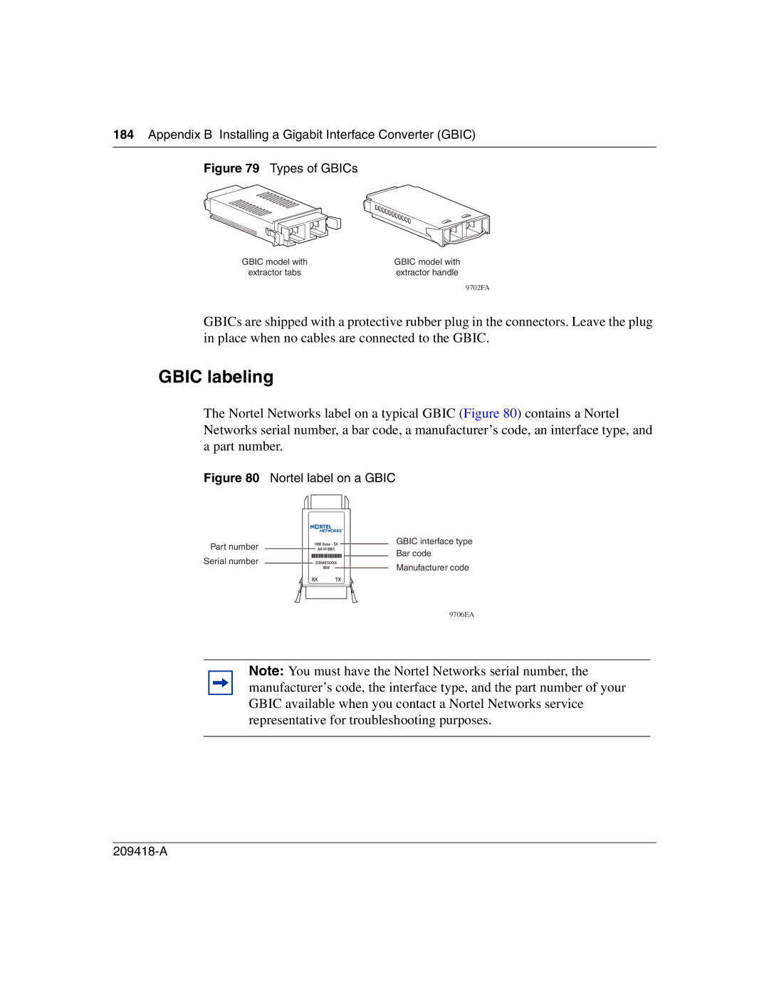 Nortel Networks 1000BASE-SX, 1000ASE-XD manual Gbic labeling, Appendix B Installing a Gigabit Interface Converter Gbic 