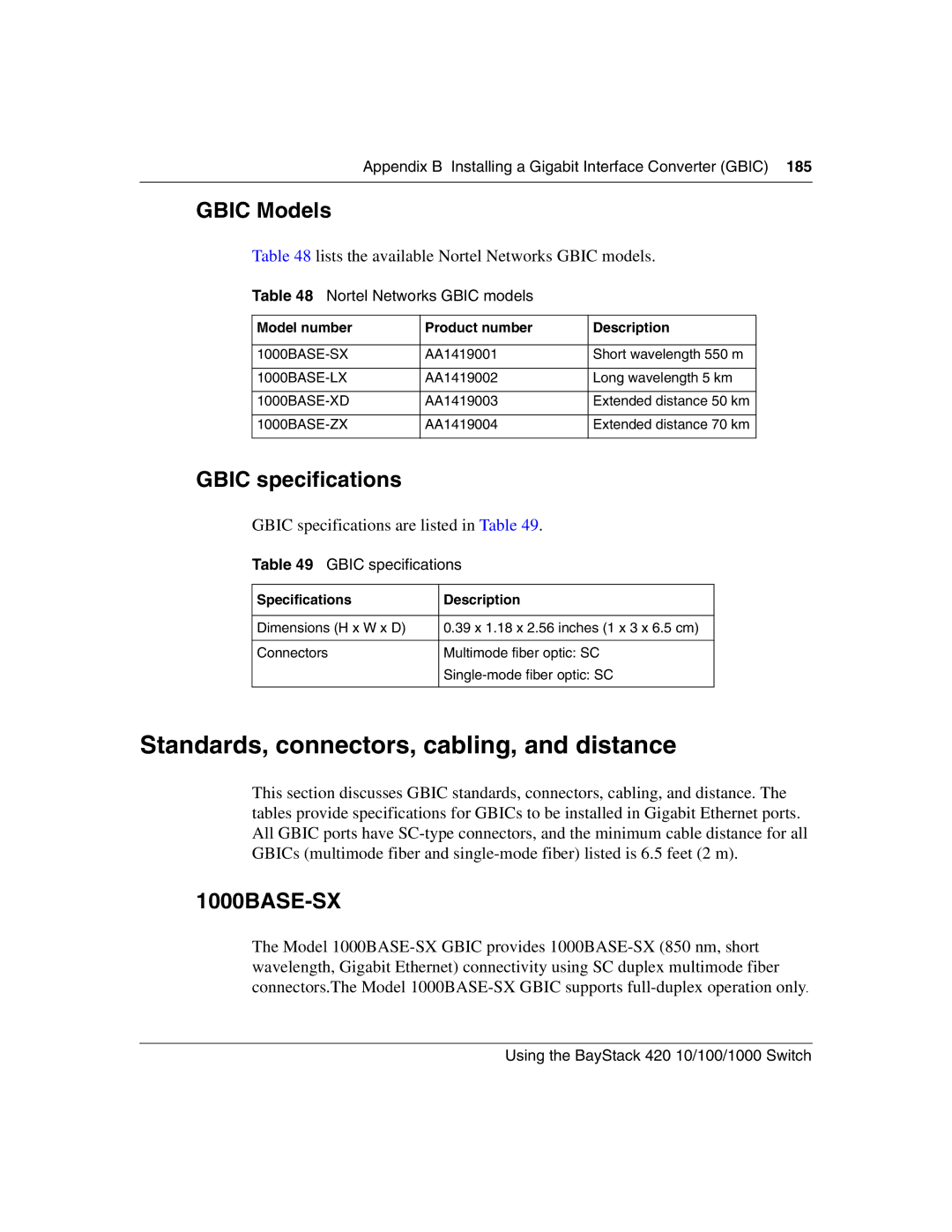 Nortel Networks 1000ASE-XD, 1000BASE-SX Standards, connectors, cabling, and distance, Gbic Models, Gbic specifications 