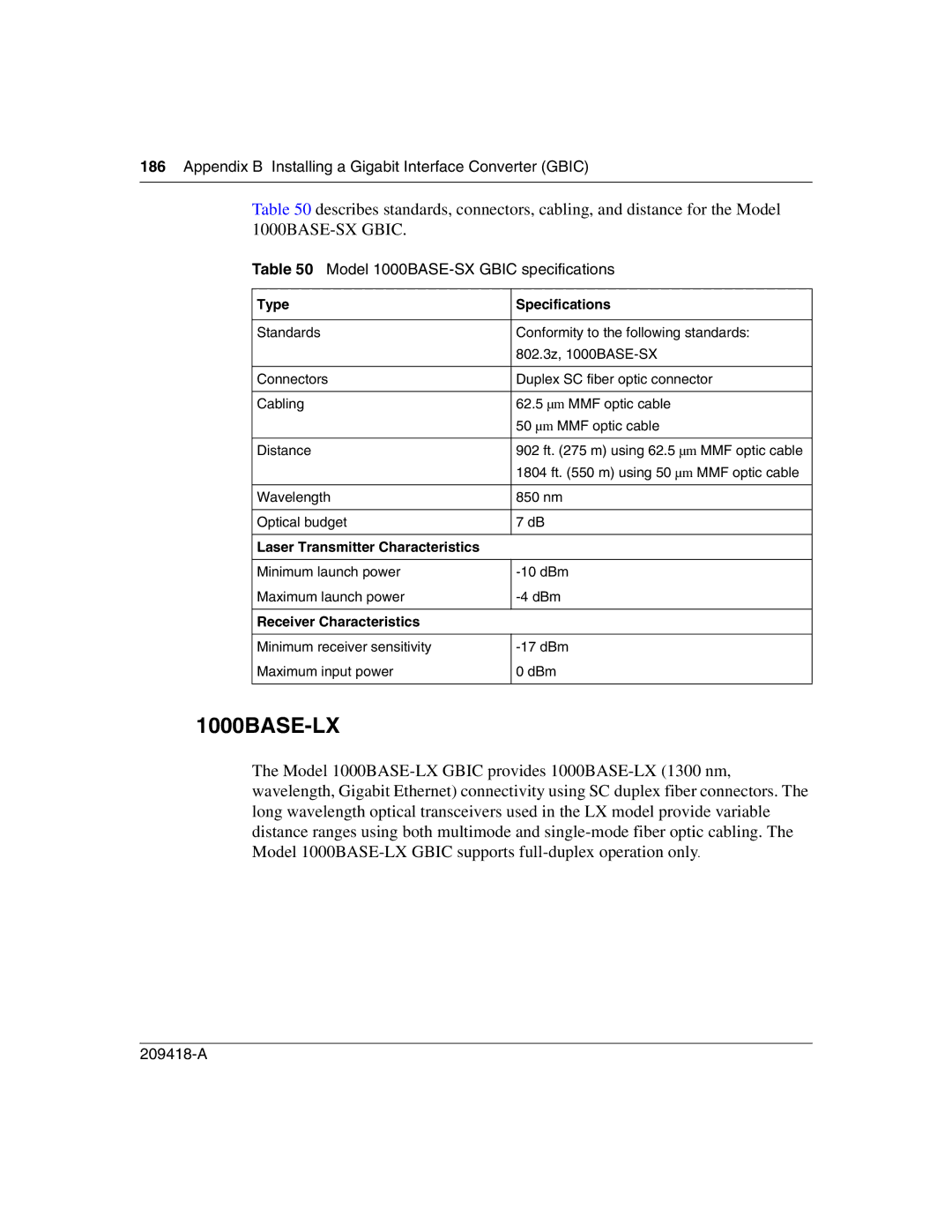 Nortel Networks 1000BASE-LX Model 1000BASE-SX Gbic specifications, Type Specifications, Laser Transmitter Characteristics 