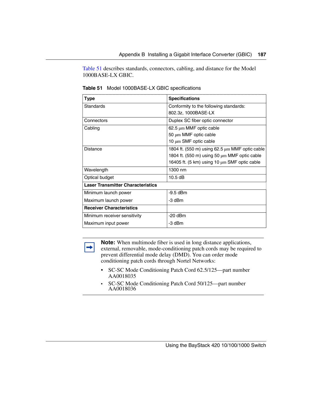 Nortel Networks 1000BASE-ZX, 1000BASE-SX, 1000ASE-XD manual Model 1000BASE-LX Gbic specifications 