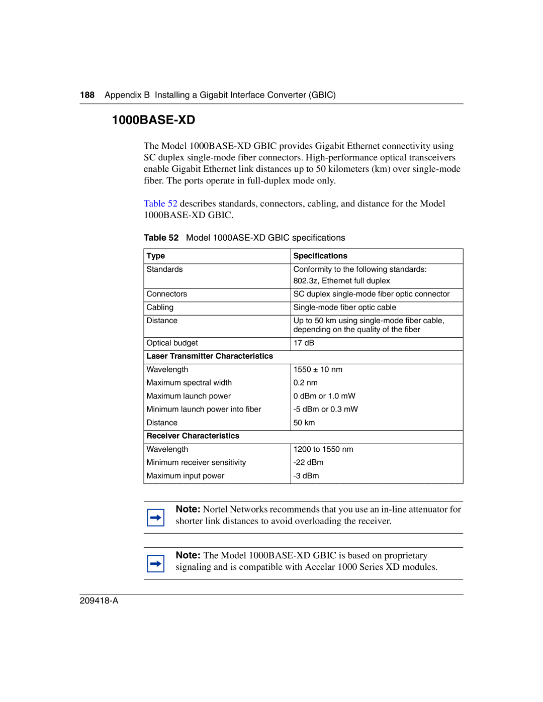 Nortel Networks 1000BASE-SX, 1000BASE-LX, 1000BASE-ZX manual 1000BASE-XD, Model 1000ASE-XD Gbic specifications 