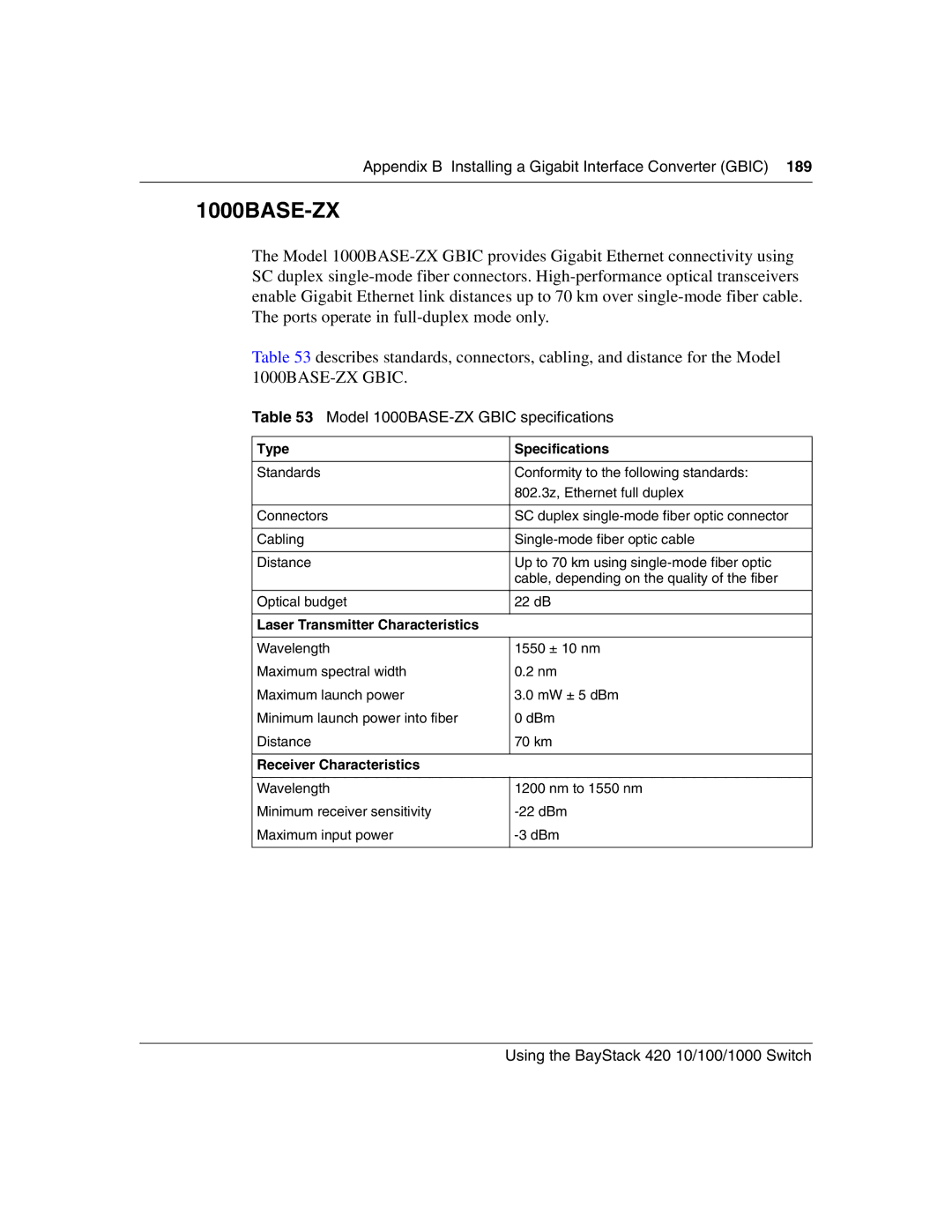 Nortel Networks 1000ASE-XD, 1000BASE-SX, 1000BASE-LX manual Model 1000BASE-ZX Gbic specifications 