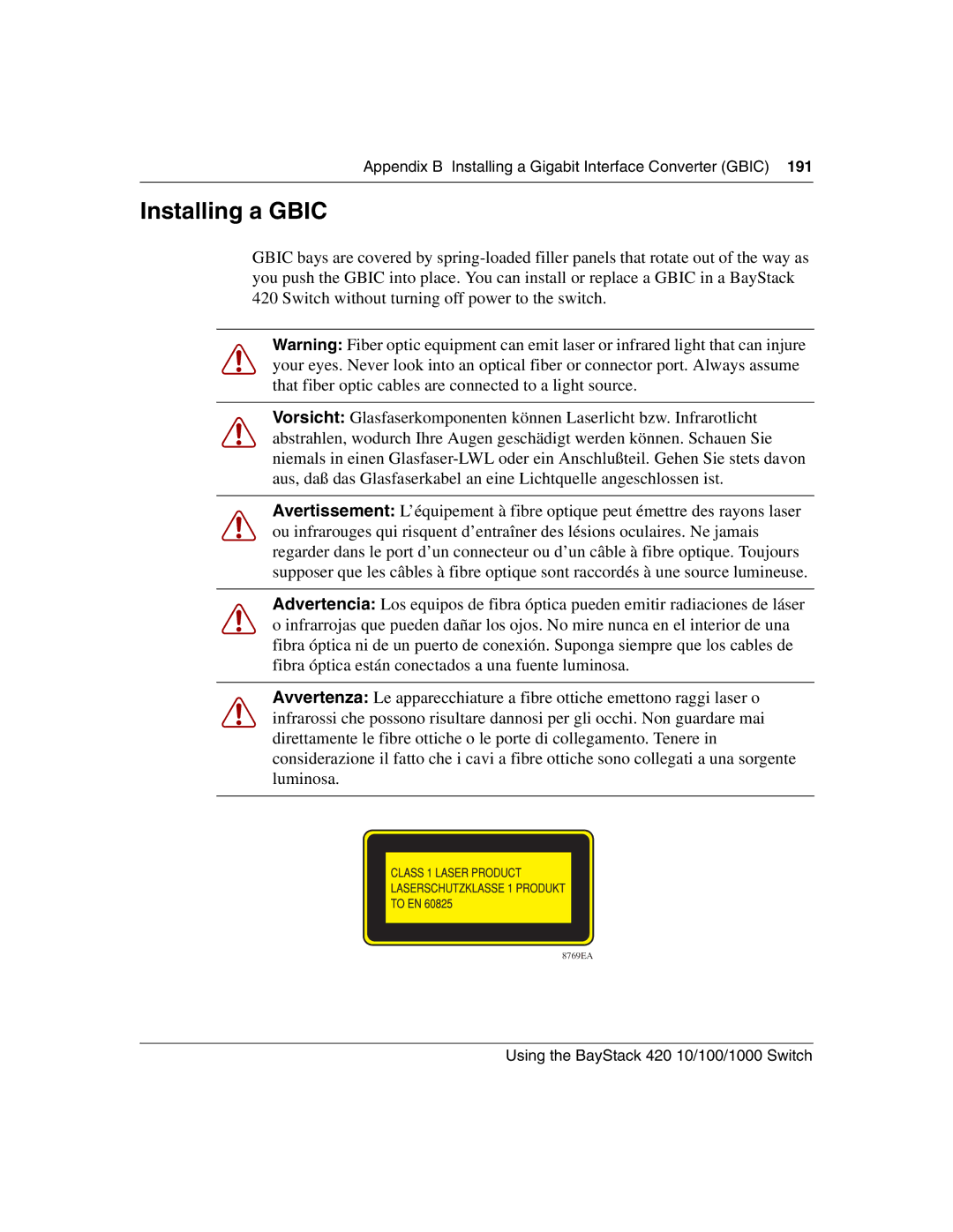 Nortel Networks 1000BASE-ZX, 1000BASE-SX, 1000ASE-XD, 1000BASE-LX manual Installing a Gbic 