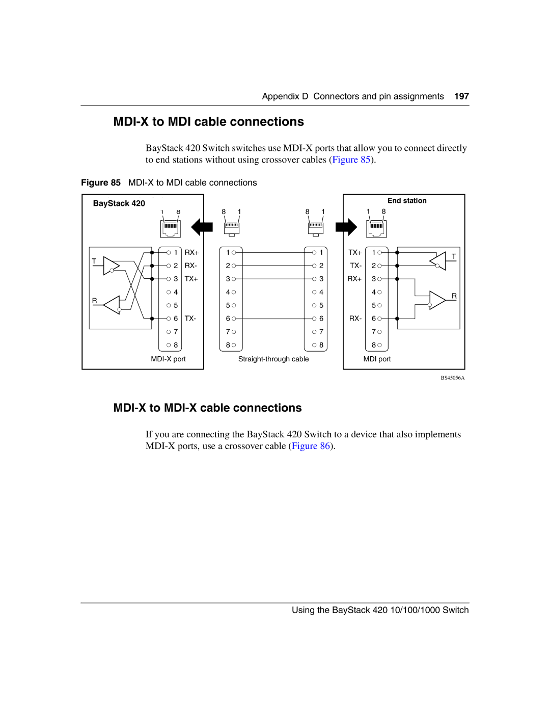 Nortel Networks 1000ASE-XD, 1000BASE-SX, 1000BASE-LX, 1000BASE-ZX manual MDI-X to MDI cable connections 