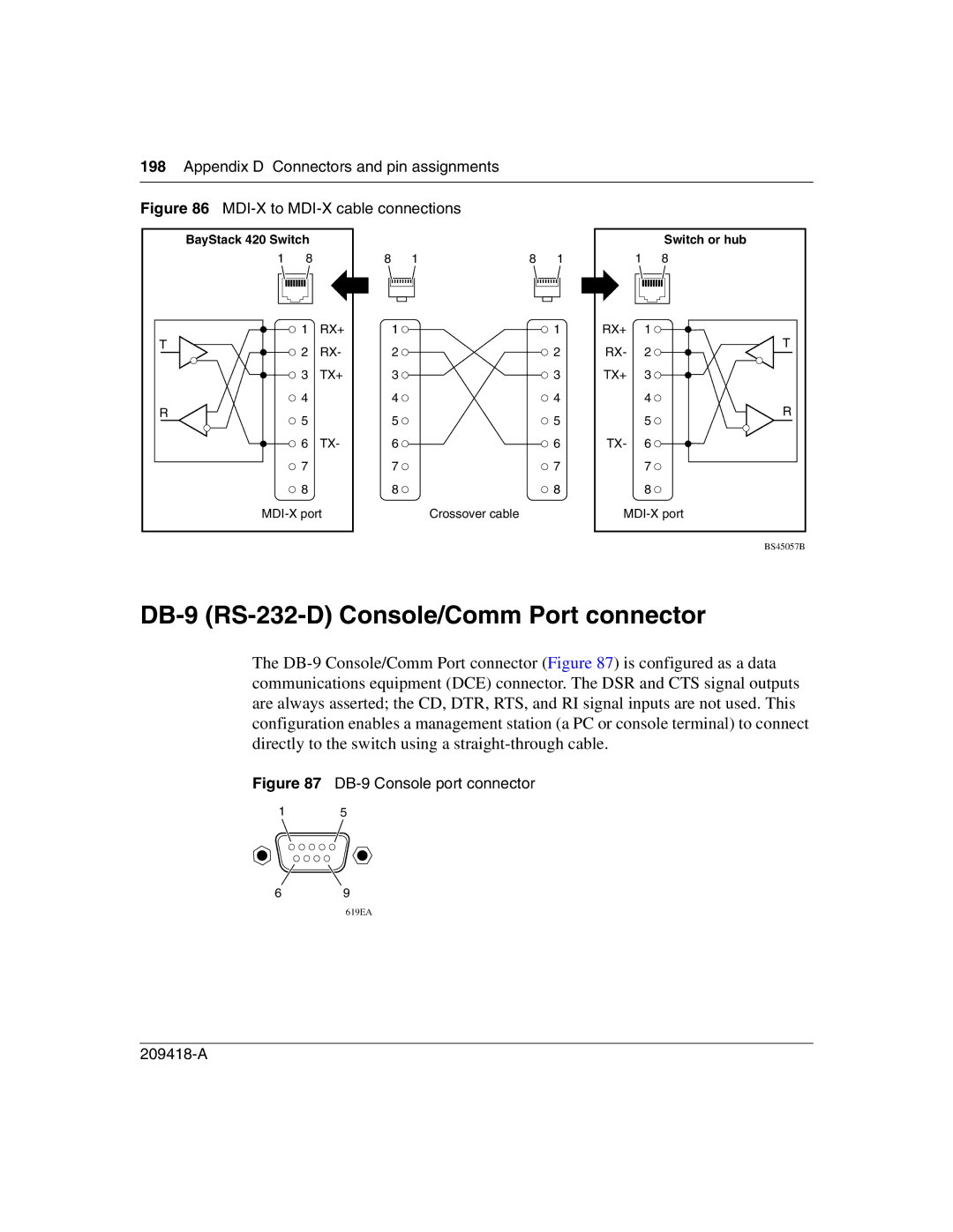 Nortel Networks 1000BASE-LX, 1000BASE-SX manual DB-9 RS-232-D Console/Comm Port connector, MDI-X to MDI-X cable connections 