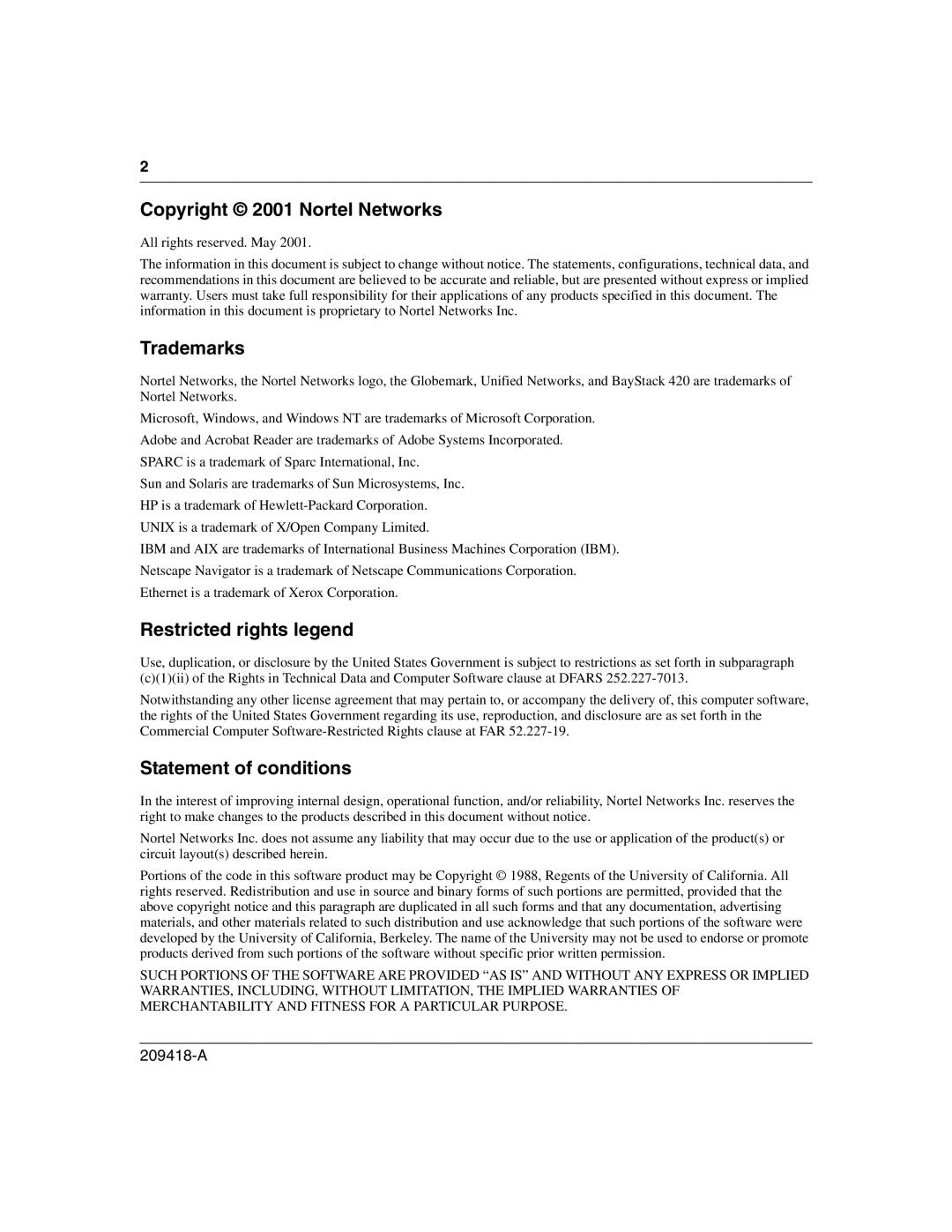 Nortel Networks 1000BASE-LX Copyright 2001 Nortel Networks, Trademarks, Restricted rights legend, Statement of conditions 