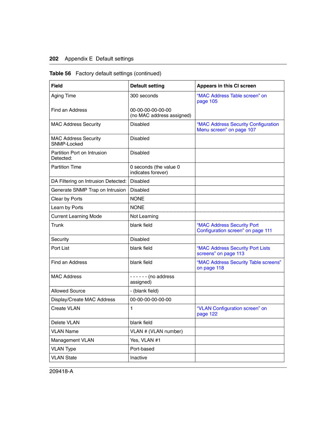 Nortel Networks 1000BASE-LX, 1000BASE-SX, 1000ASE-XD Appendix E Default settings Factory default settings, Menu screen on 