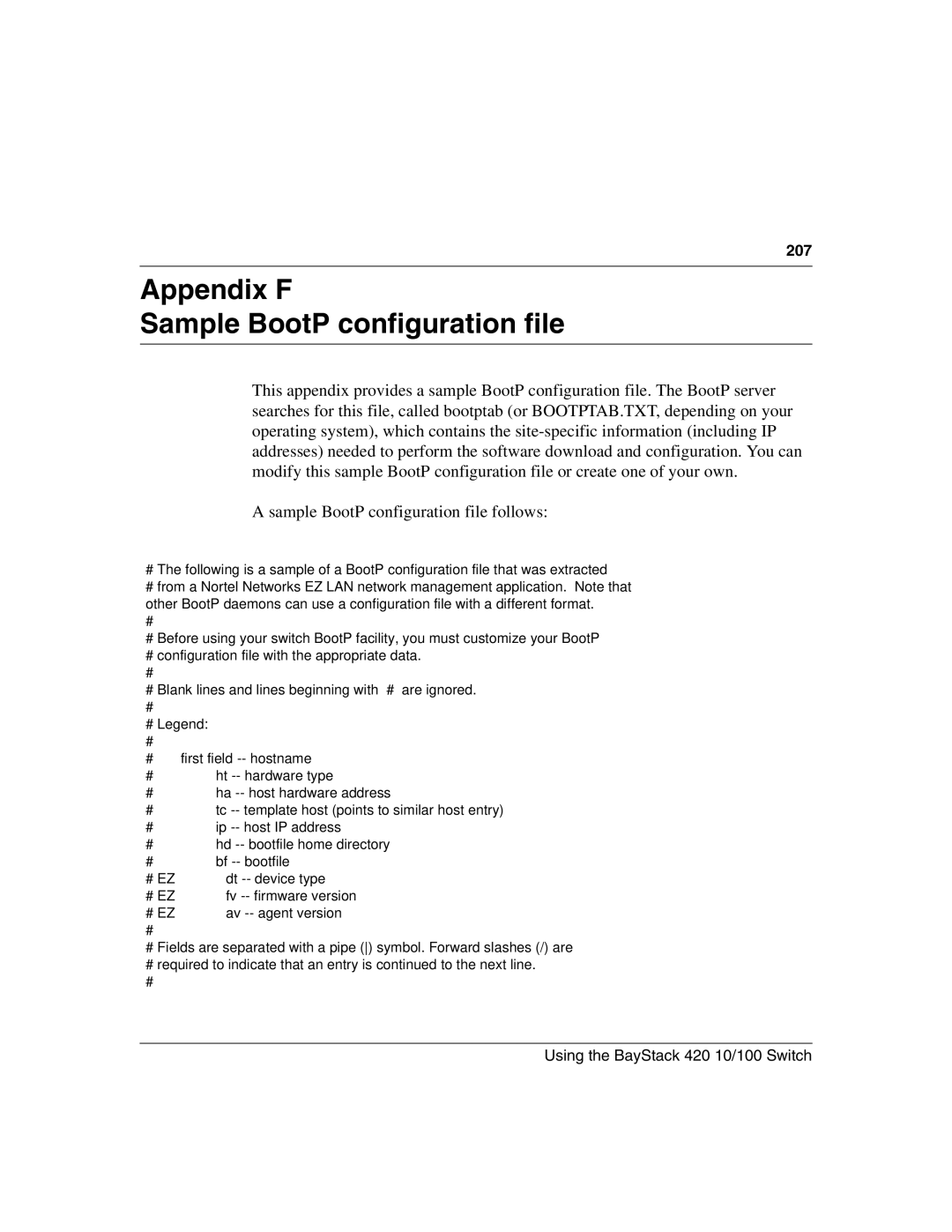 Nortel Networks 1000BASE-ZX, 1000BASE-SX Appendix F Sample BootP configuration file, Using the BayStack 420 10/100 Switch 