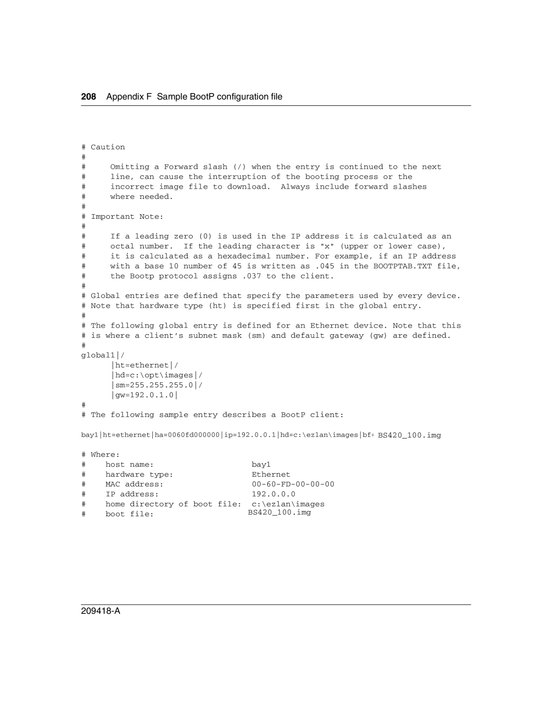 Nortel Networks 1000BASE-SX, 1000ASE-XD, 1000BASE-LX, 1000BASE-ZX manual Appendix F Sample BootP configuration file 