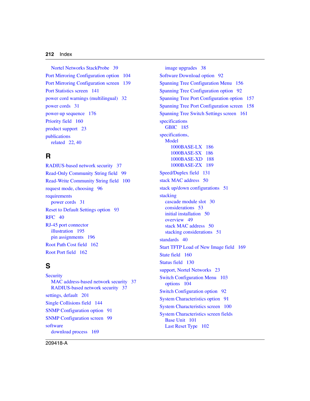 Nortel Networks 1000BASE-SX, 1000ASE-XD, 1000BASE-LX, 1000BASE-ZX manual Index 