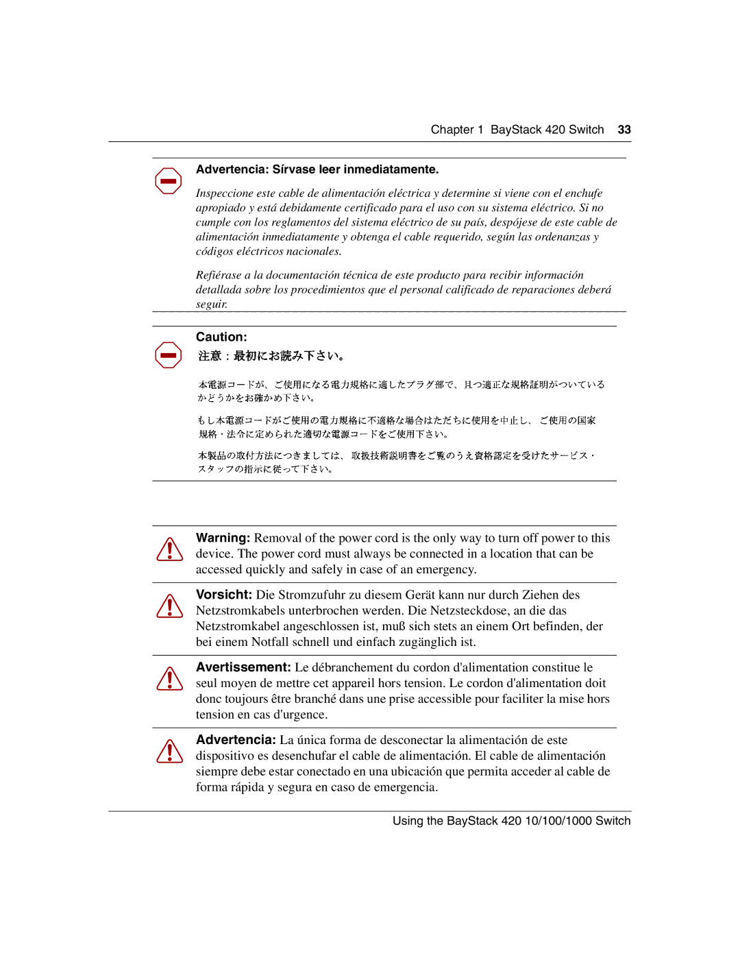 Nortel Networks 1000ASE-XD, 1000BASE-SX, 1000BASE-LX, 1000BASE-ZX manual Advertencia Sírvase leer inmediatamente 