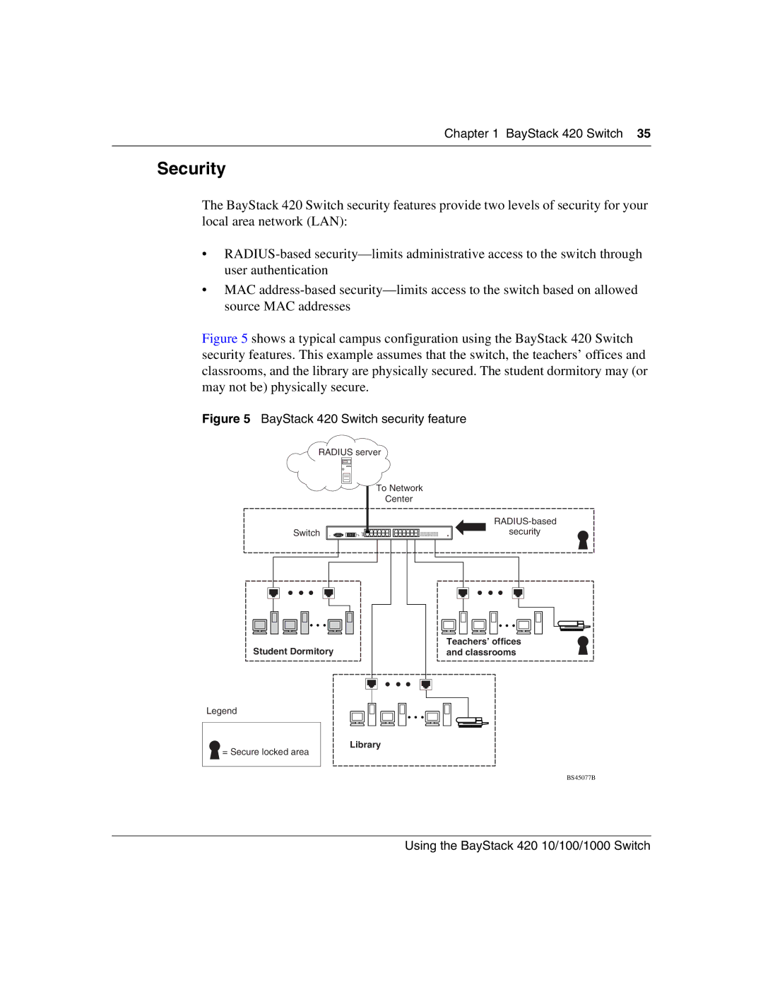 Nortel Networks 1000BASE-ZX, 1000BASE-SX, 1000ASE-XD, 1000BASE-LX manual Security, BayStack 420 Switch security feature 