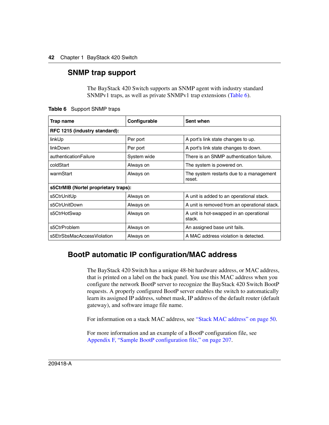 Nortel Networks 1000BASE-LX manual Snmp trap support, BootP automatic IP configuration/MAC address, Support Snmp traps 