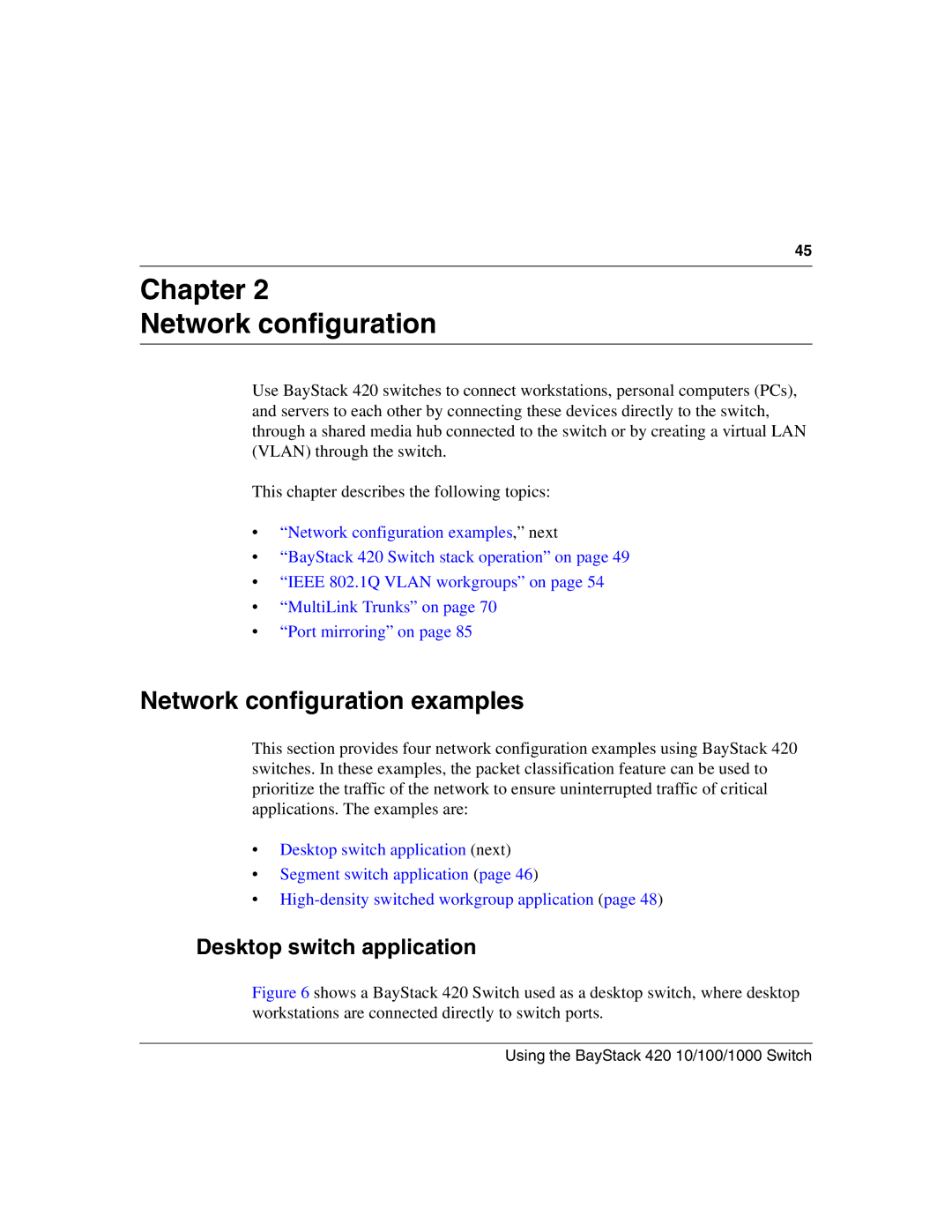 Nortel Networks 1000ASE-XD, 1000BASE-SX, 1000BASE-LX, 1000BASE-ZX Network configuration examples, Desktop switch application 