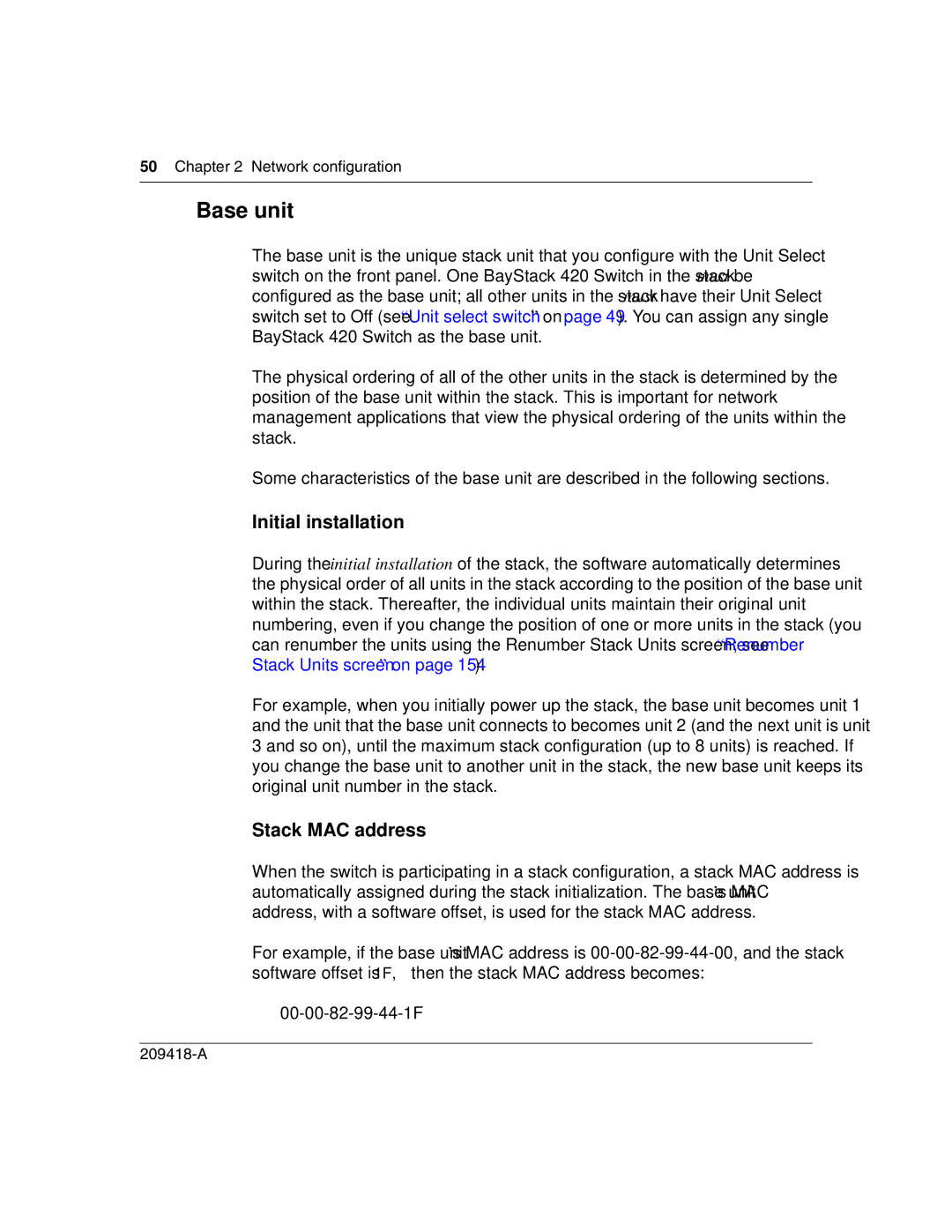 Nortel Networks 1000BASE-LX, 1000BASE-SX, 1000ASE-XD, 1000BASE-ZX manual Base unit, Initial installation, Stack MAC address 