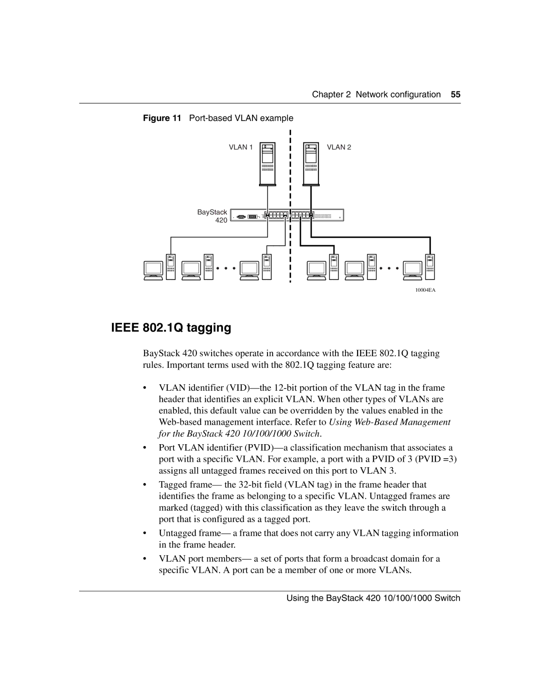 Nortel Networks 1000BASE-ZX, 1000BASE-SX, 1000ASE-XD, 1000BASE-LX manual Ieee 802.1Q tagging, Port-based Vlan example 