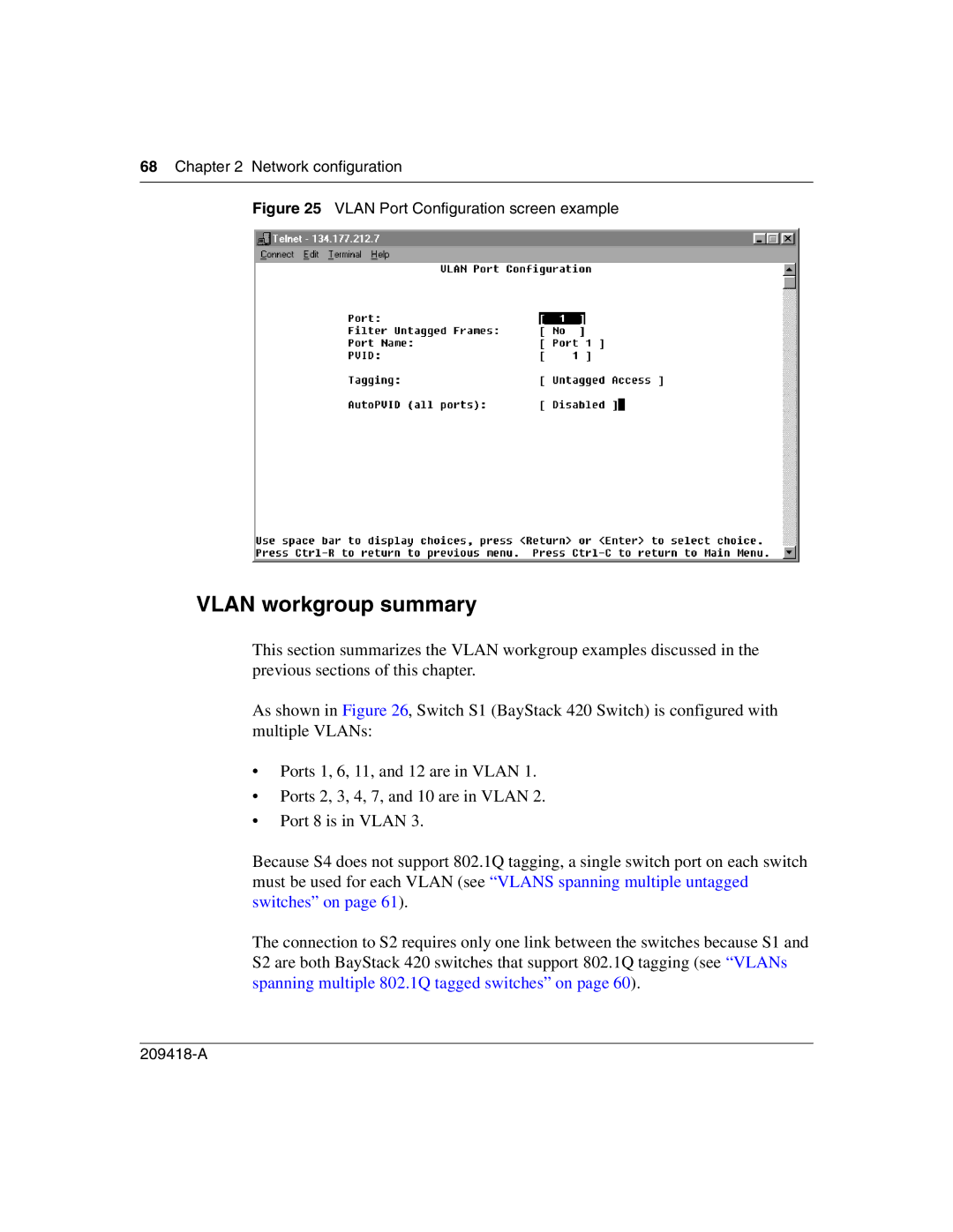 Nortel Networks 1000BASE-SX, 1000ASE-XD, 1000BASE-LX manual Vlan workgroup summary, Vlan Port Configuration screen example 