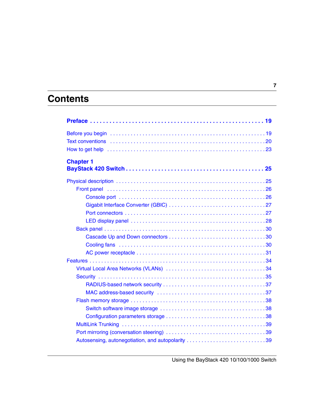 Nortel Networks 1000BASE-ZX, 1000BASE-SX, 1000ASE-XD, 1000BASE-LX manual Contents 