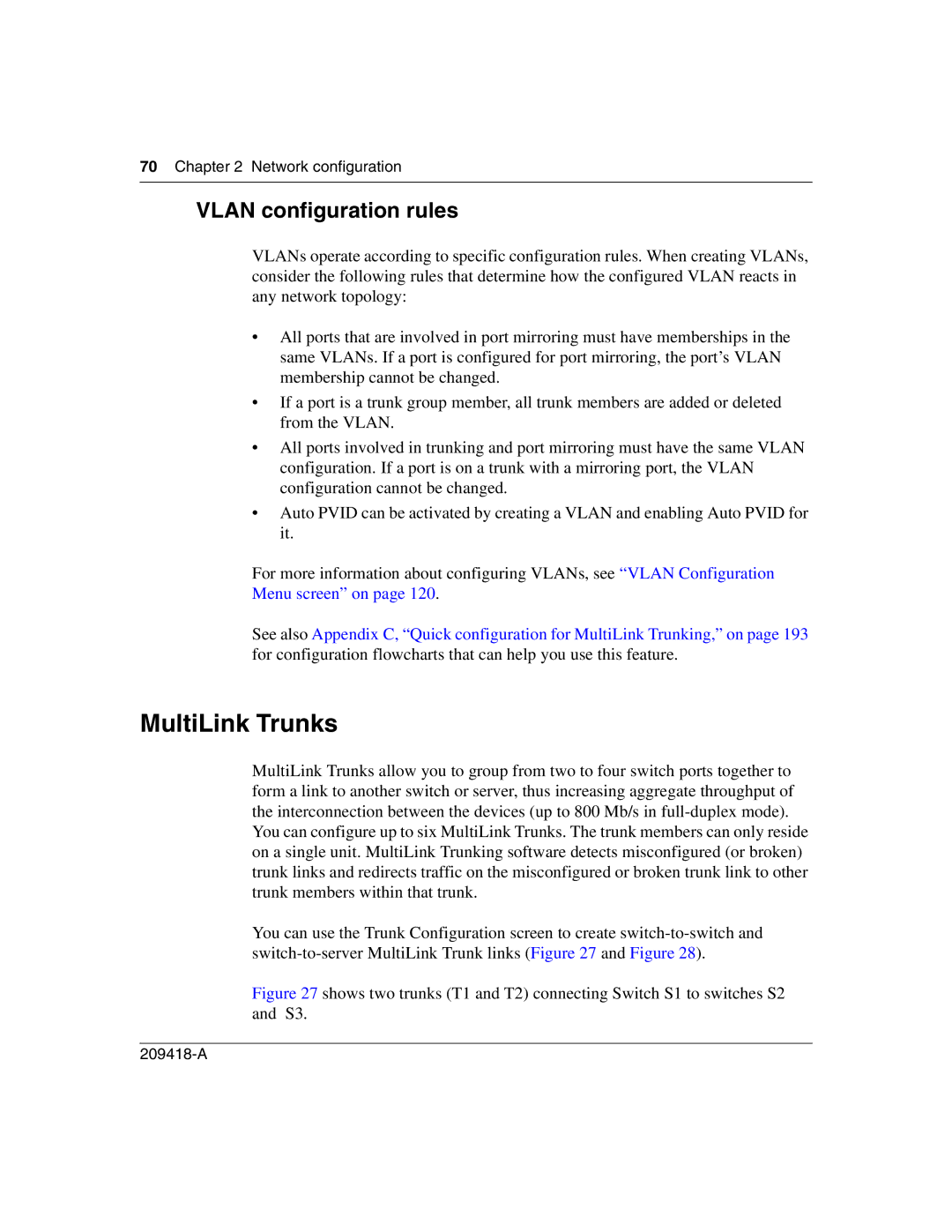 Nortel Networks 1000BASE-LX, 1000BASE-SX, 1000ASE-XD, 1000BASE-ZX manual MultiLink Trunks, Vlan configuration rules 