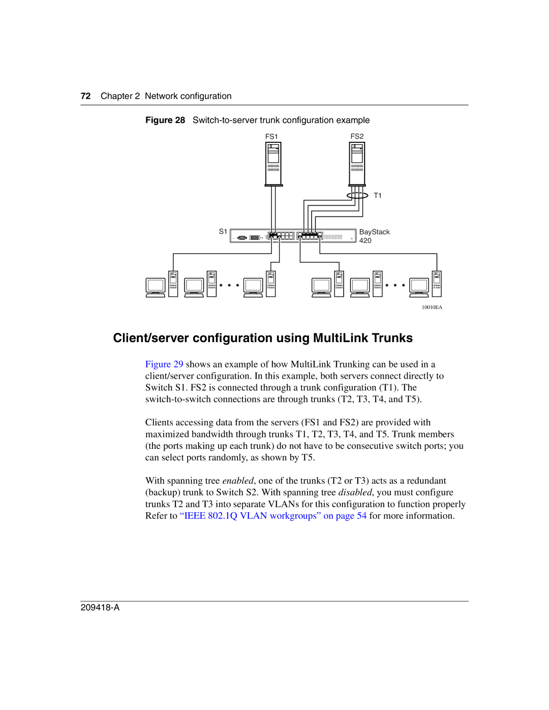 Nortel Networks 1000BASE-SX, 1000ASE-XD, 1000BASE-LX, 1000BASE-ZX manual Client/server configuration using MultiLink Trunks 