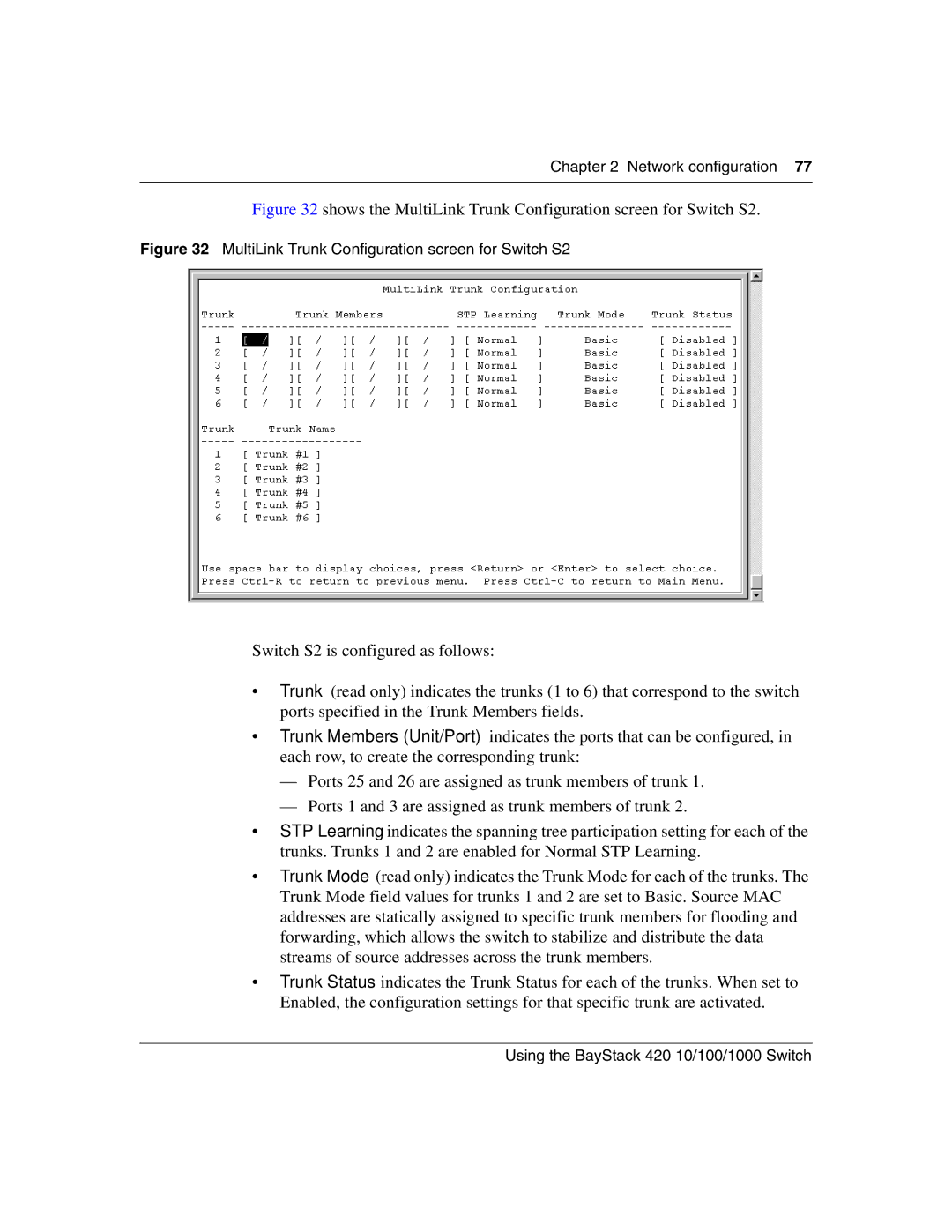 Nortel Networks 1000ASE-XD, 1000BASE-SX, 1000BASE-LX manual Shows the MultiLink Trunk Configuration screen for Switch S2 