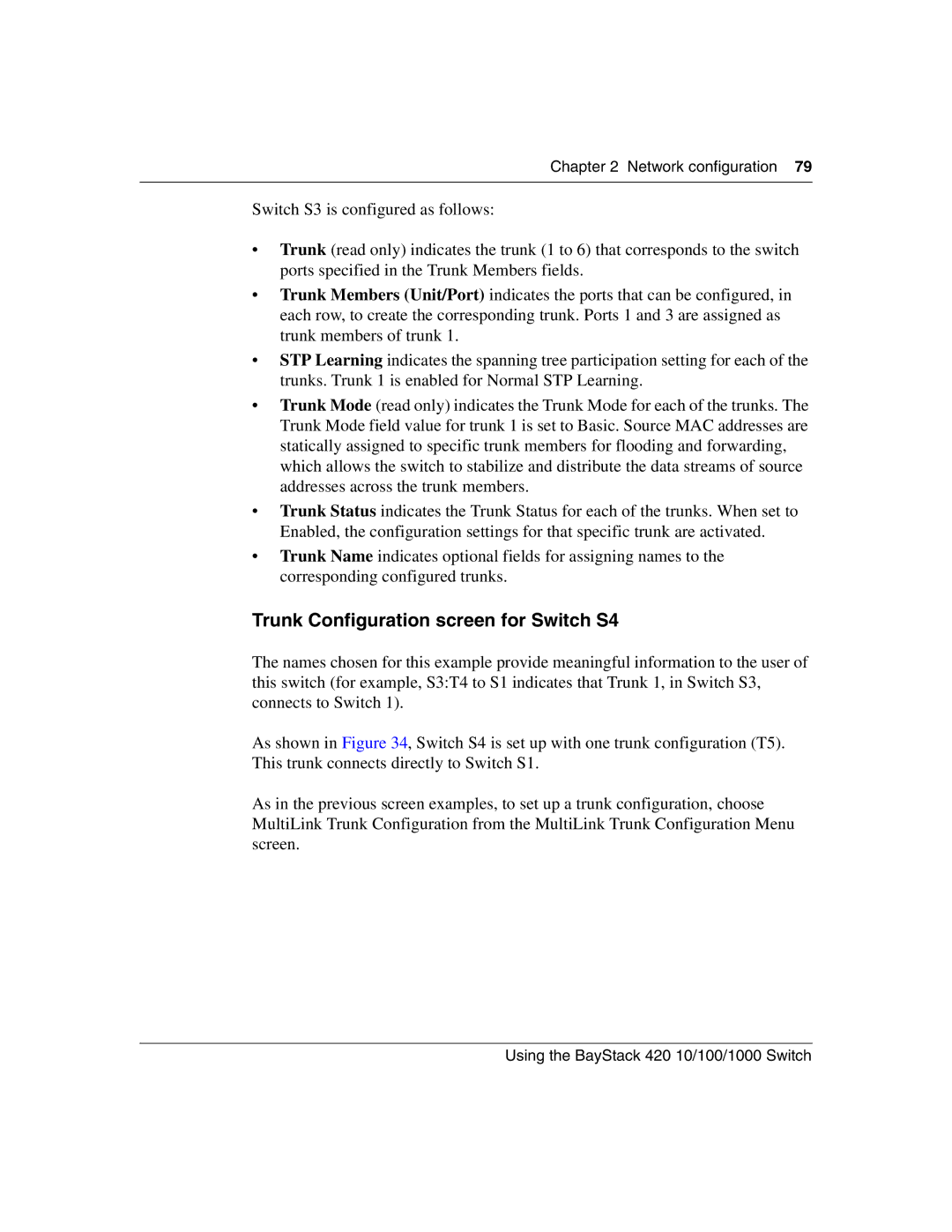 Nortel Networks 1000BASE-ZX, 1000BASE-SX, 1000ASE-XD, 1000BASE-LX manual Trunk Configuration screen for Switch S4 