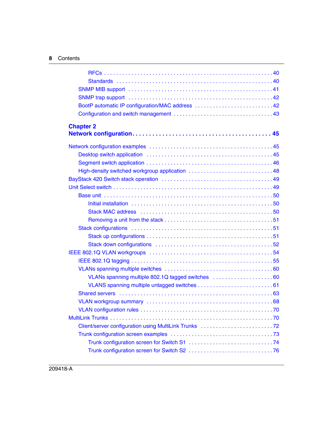 Nortel Networks 1000BASE-SX, 1000ASE-XD, 1000BASE-LX, 1000BASE-ZX manual Chapter Network configuration, Contents 