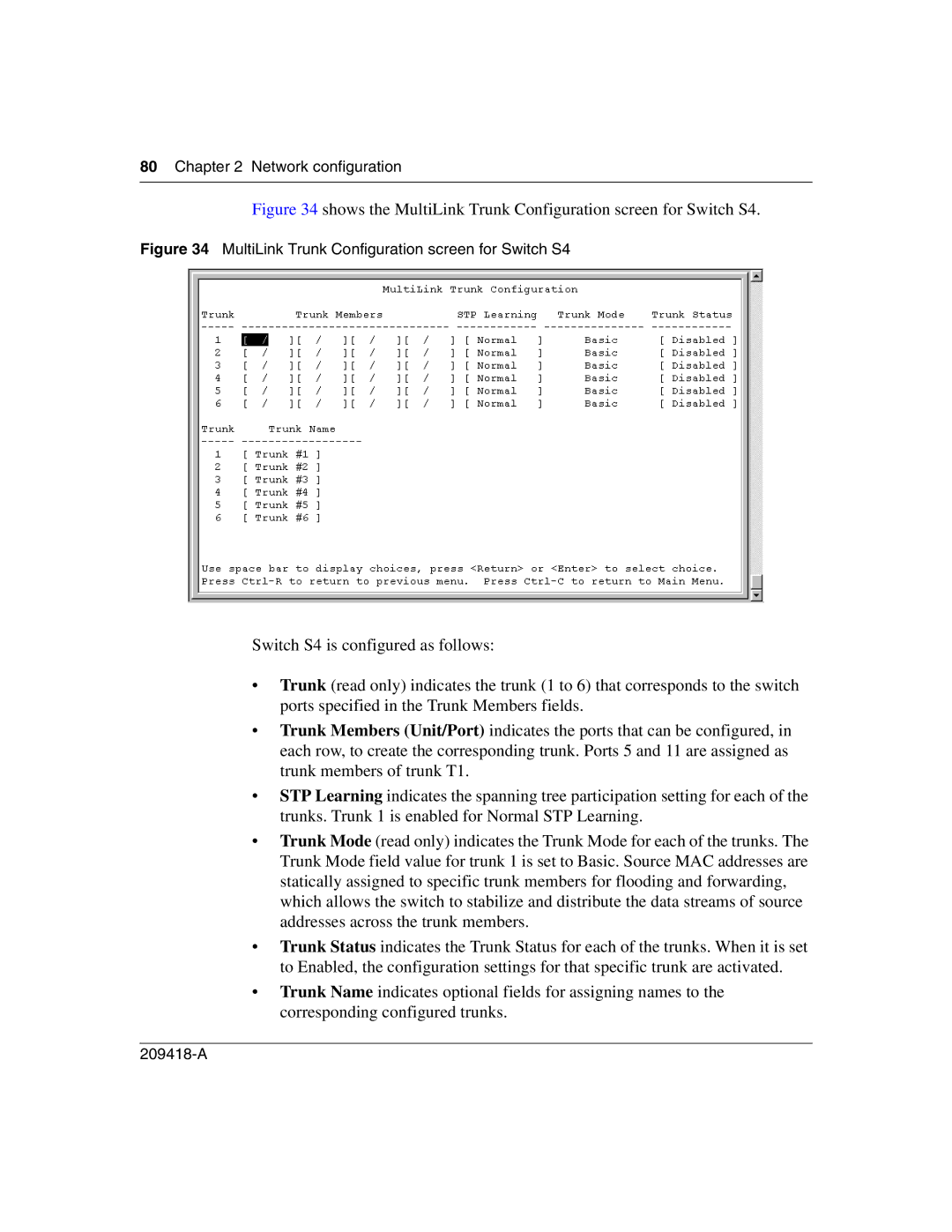 Nortel Networks 1000BASE-SX, 1000ASE-XD, 1000BASE-LX manual Shows the MultiLink Trunk Configuration screen for Switch S4 