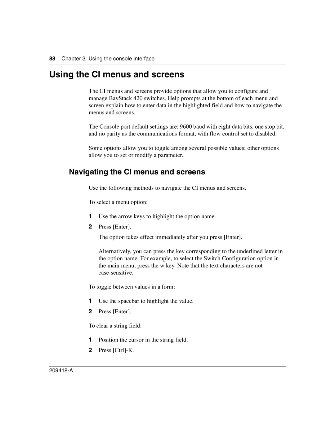 Nortel Networks 1000BASE-SX, 1000ASE-XD, 1000BASE-LX Using the CI menus and screens, Navigating the CI menus and screens 