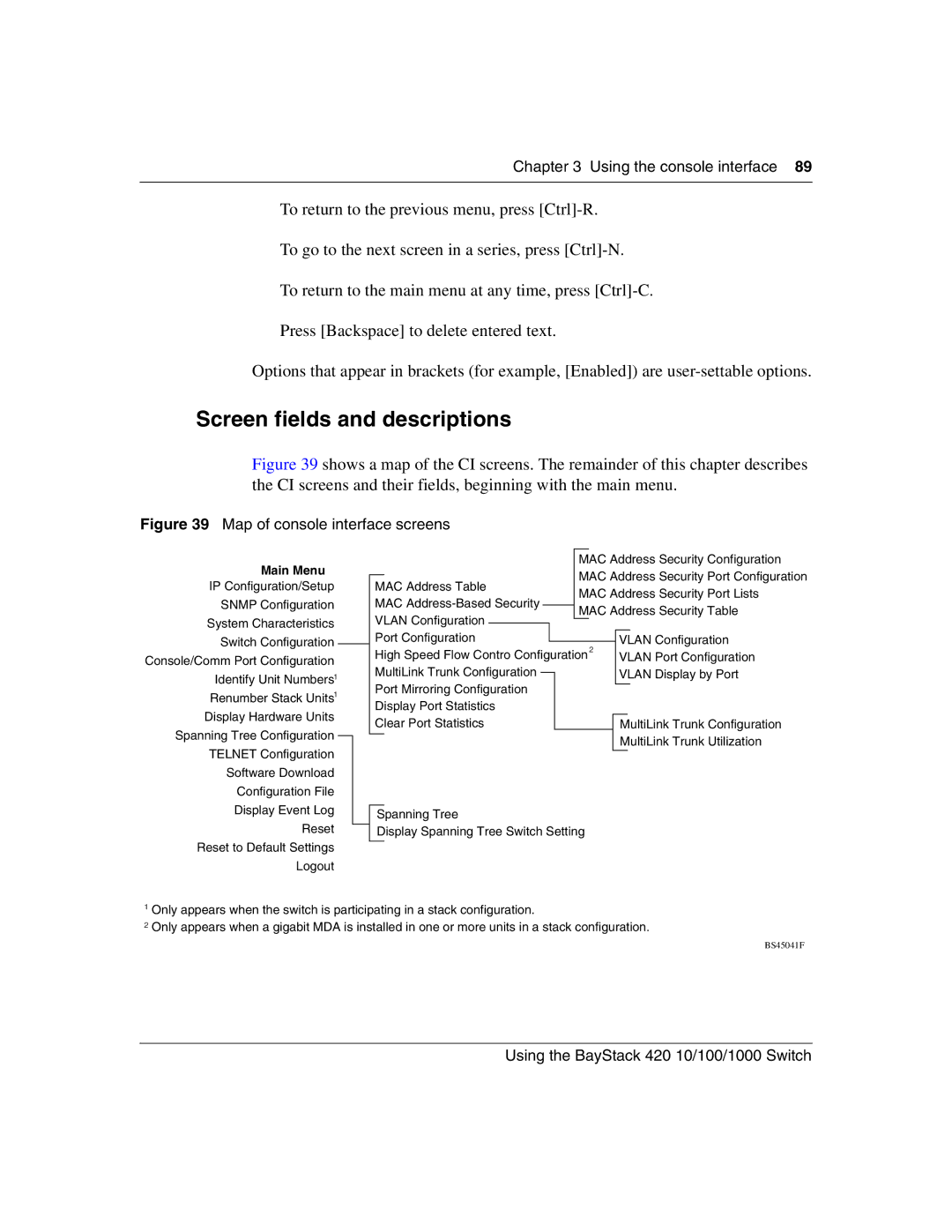 Nortel Networks 1000ASE-XD, 1000BASE-SX, 1000BASE-LX manual Screen fields and descriptions, Map of console interface screens 