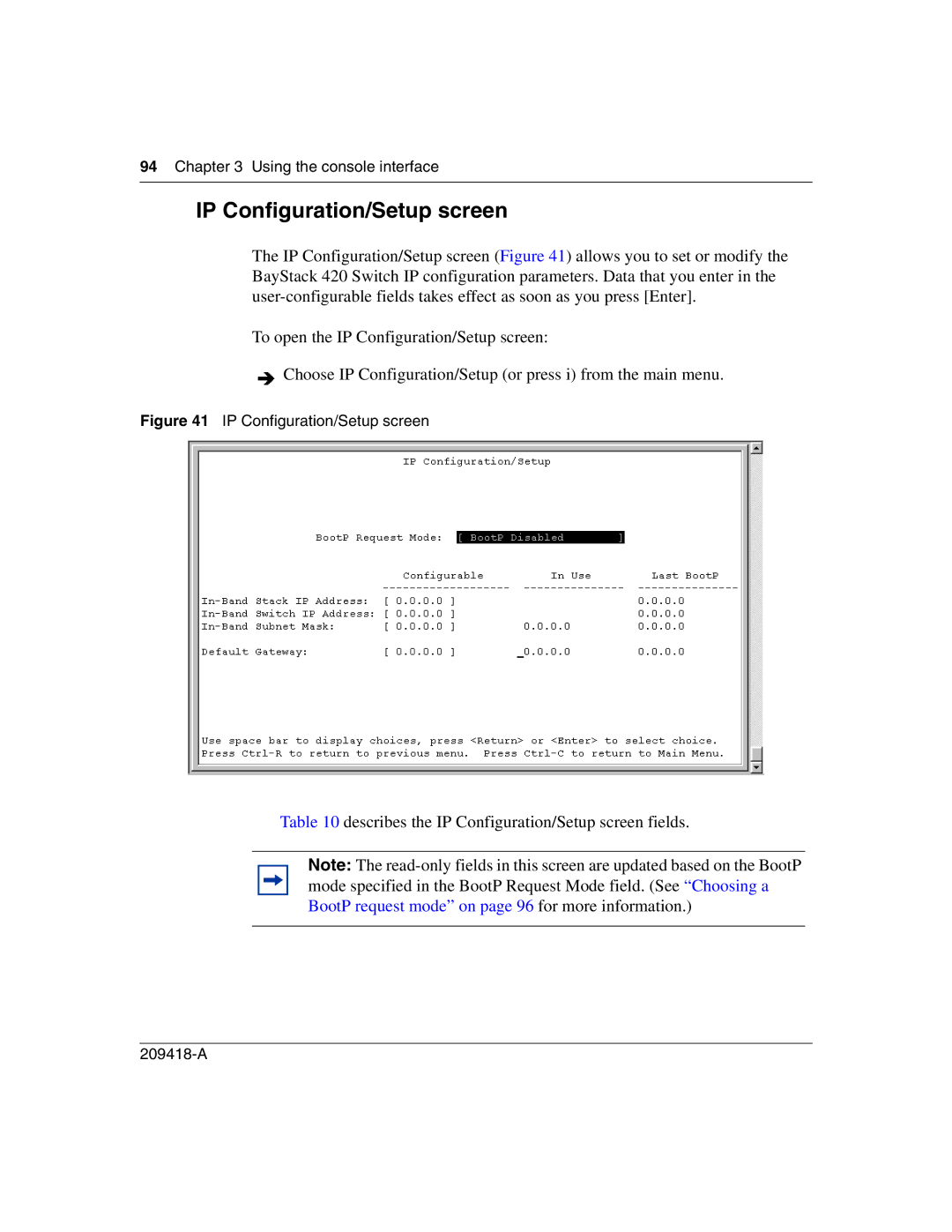 Nortel Networks 1000BASE-LX, 1000BASE-SX, 1000ASE-XD, 1000BASE-ZX Describes the IP Configuration/Setup screen fields 