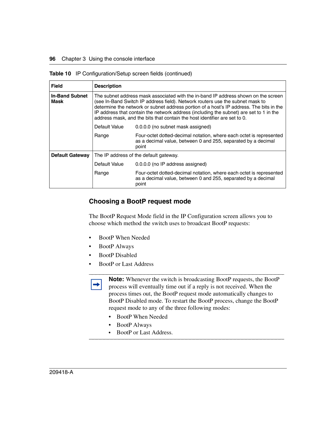 Nortel Networks 1000BASE-SX manual Choosing a BootP request mode, Field Description In-Band Subnet, Mask, Default Gateway 