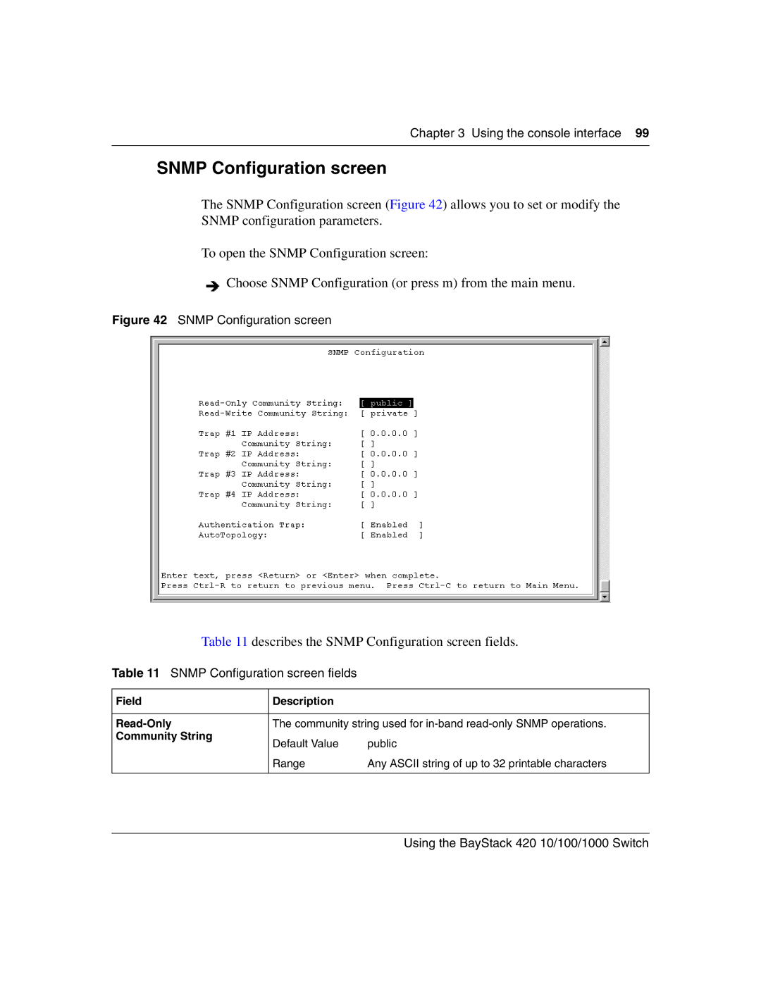 Nortel Networks 1000BASE-ZX, 1000BASE-SX Describes the Snmp Configuration screen fields, Field Description Read-Only 