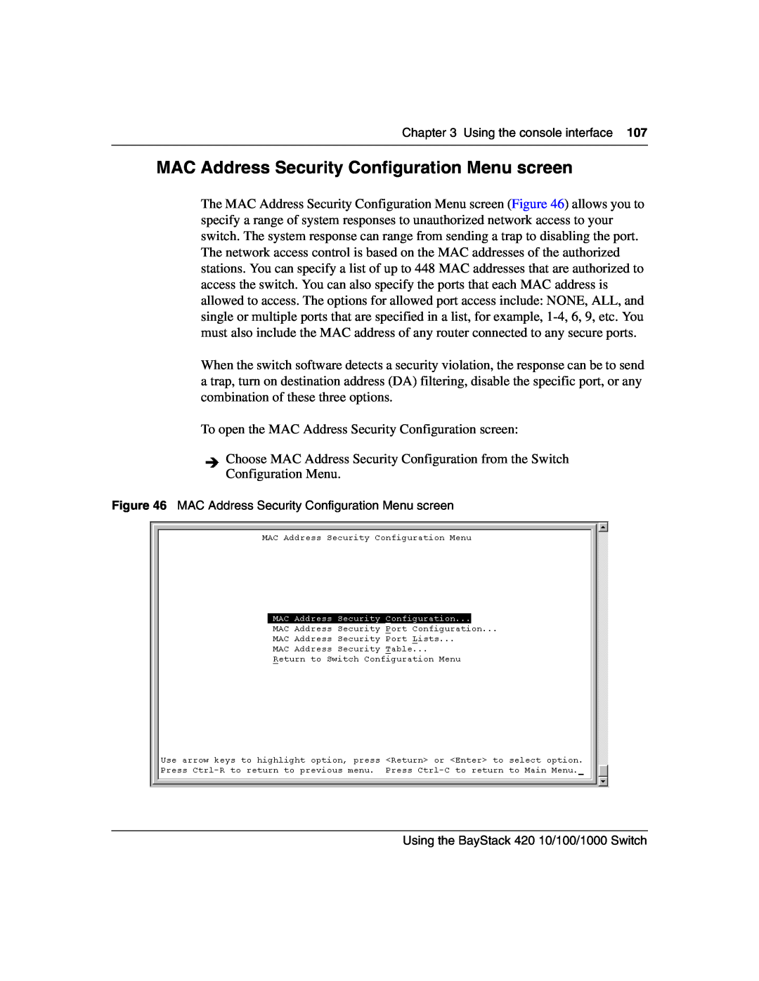 Nortel Networks 1000BASE-ZX, 1000BASE-SX, 1000ASE-XD, 1000BASE-LX manual MAC Address Security Configuration Menu screen 