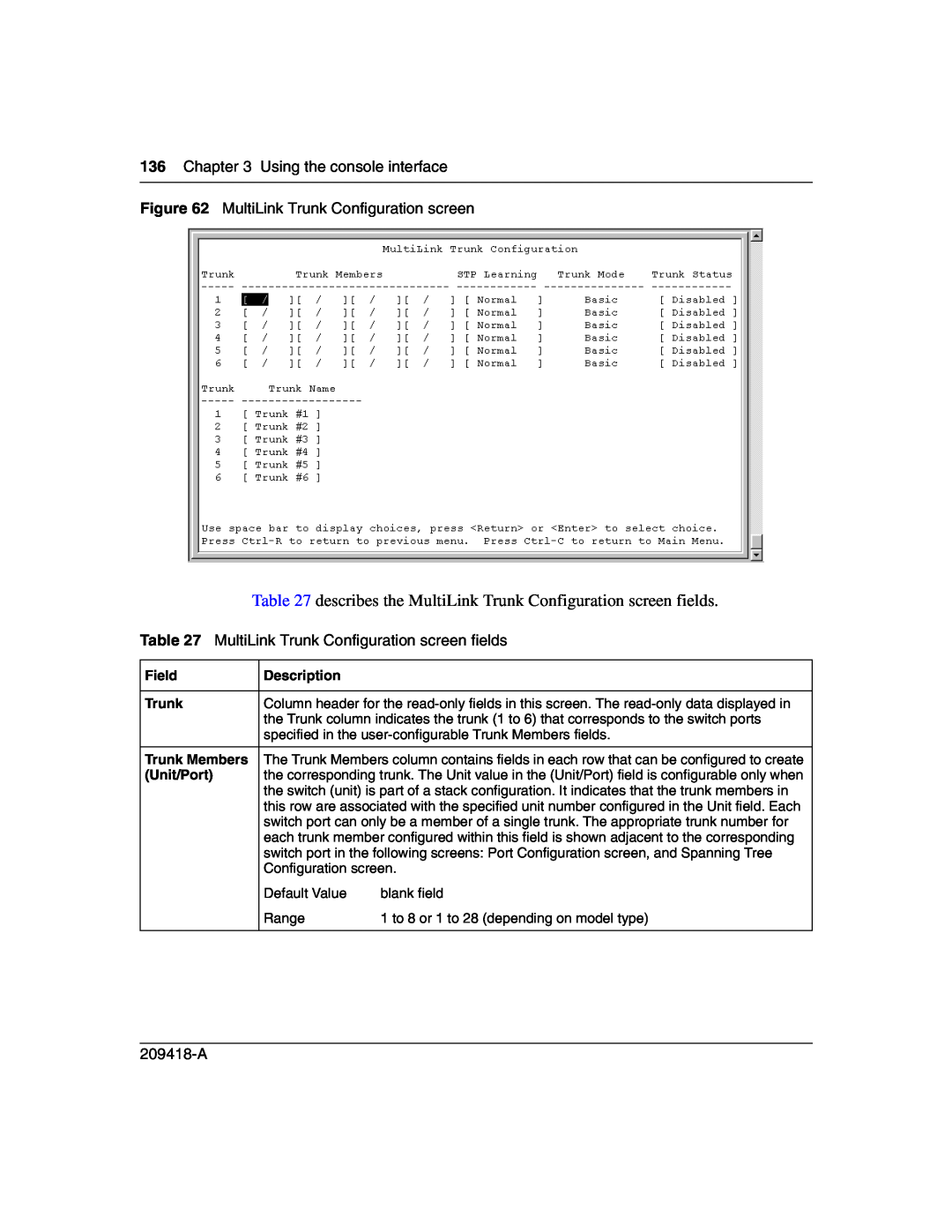 Nortel Networks 1000BASE-SX manual describes the MultiLink Trunk Configuration screen fields, Using the console interface 