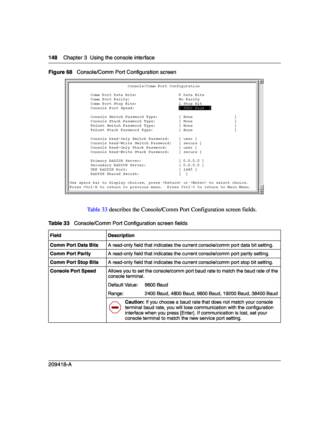 Nortel Networks 1000BASE-SX manual describes the Console/Comm Port Configuration screen fields, Using the console interface 
