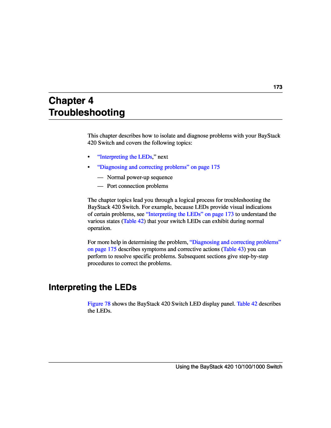 Nortel Networks 1000ASE-XD, 1000BASE-SX, 1000BASE-LX, 1000BASE-ZX Chapter Troubleshooting, “Interpreting the LEDs,” next 